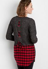 plaid back lace up tunic pullover, C829, small