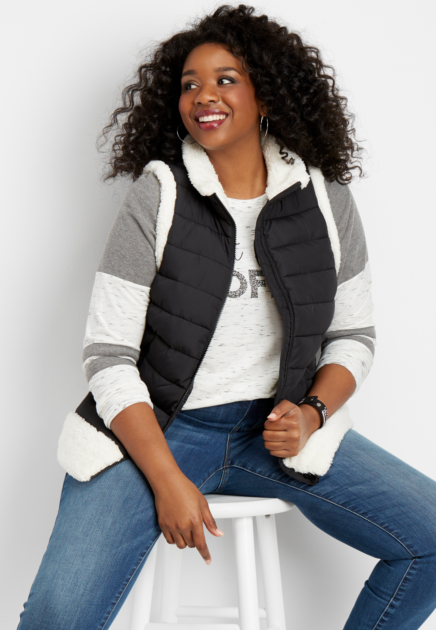 plus size sherpa trim puffer vest | maurices