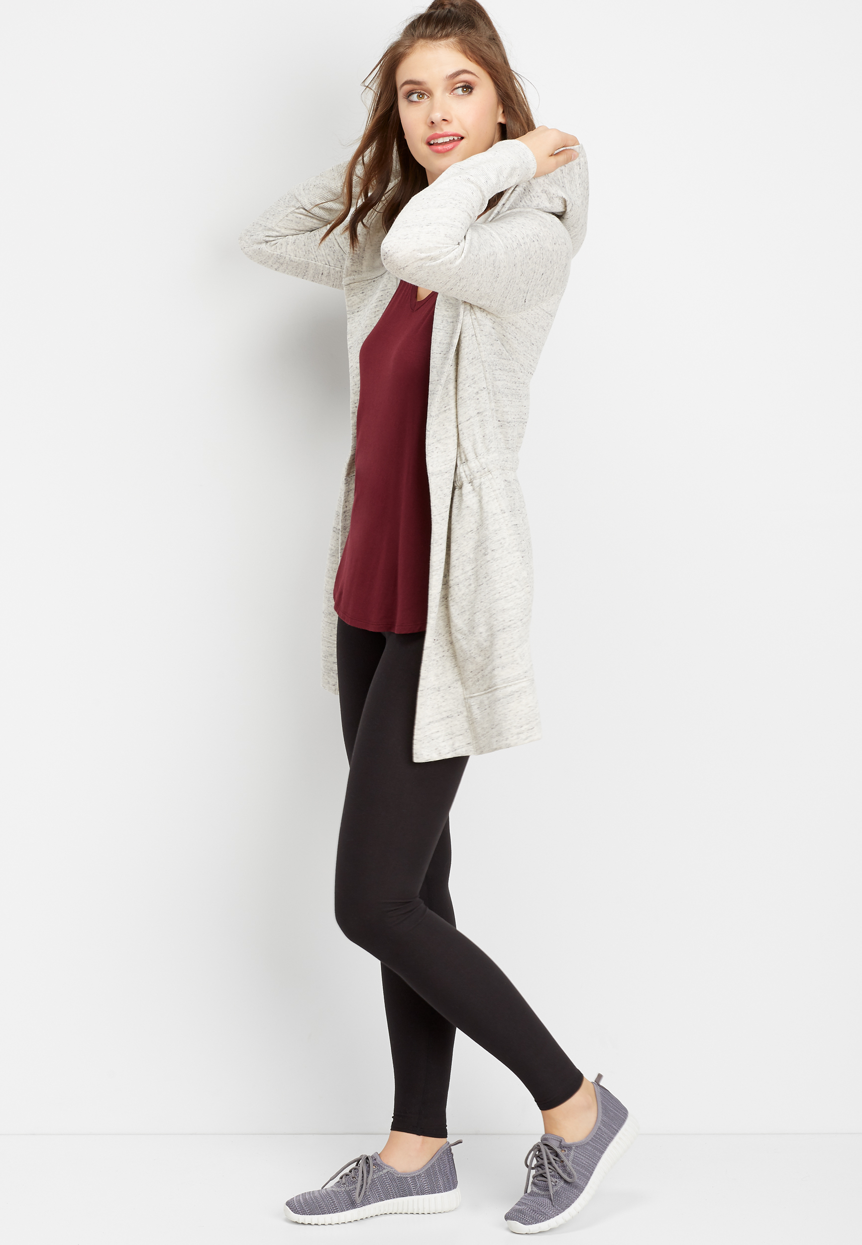 Cinch Waist Hooded Open Cardigan main image 1
