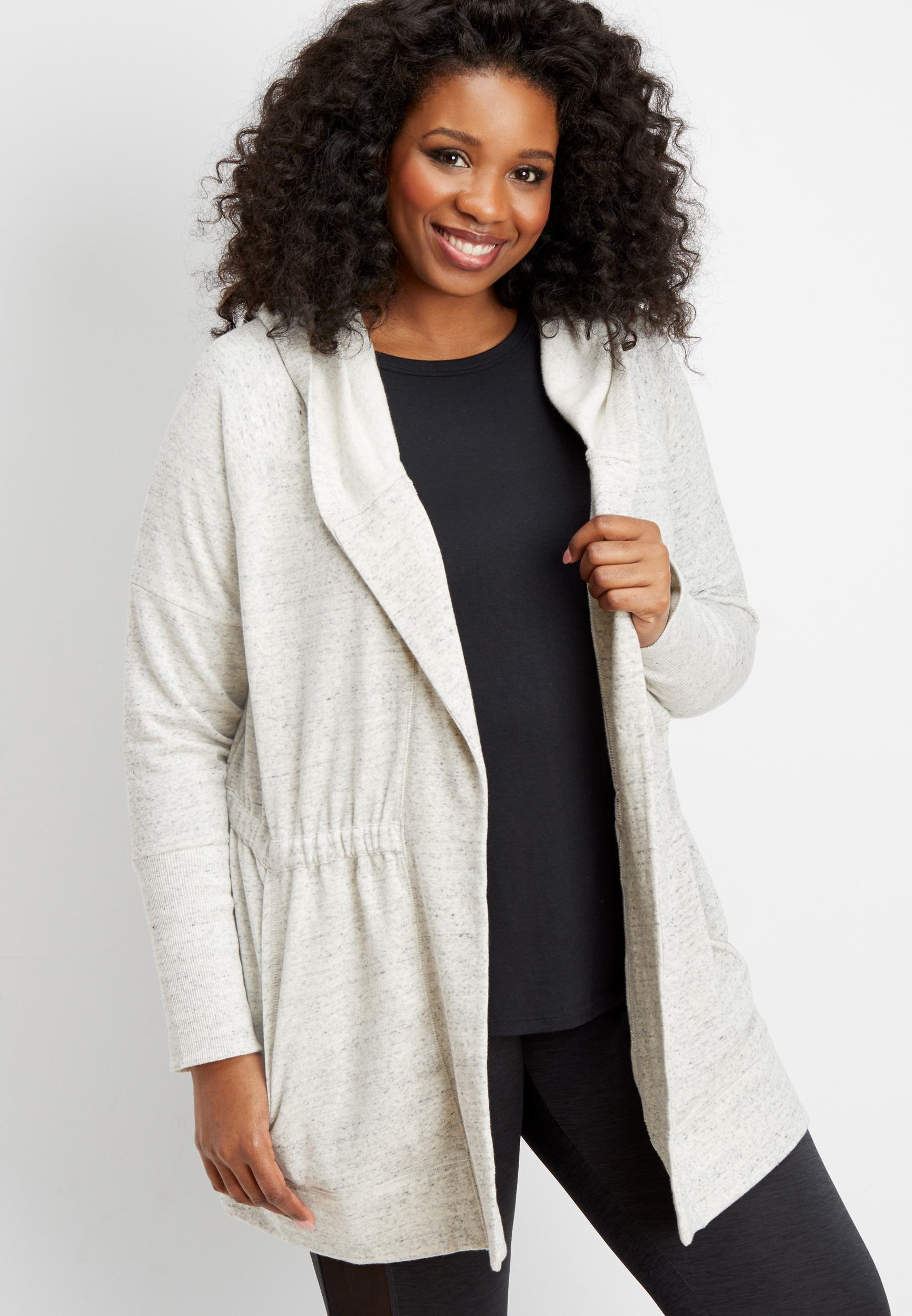 plus size gray cinched waist hooded cardigan | maurices