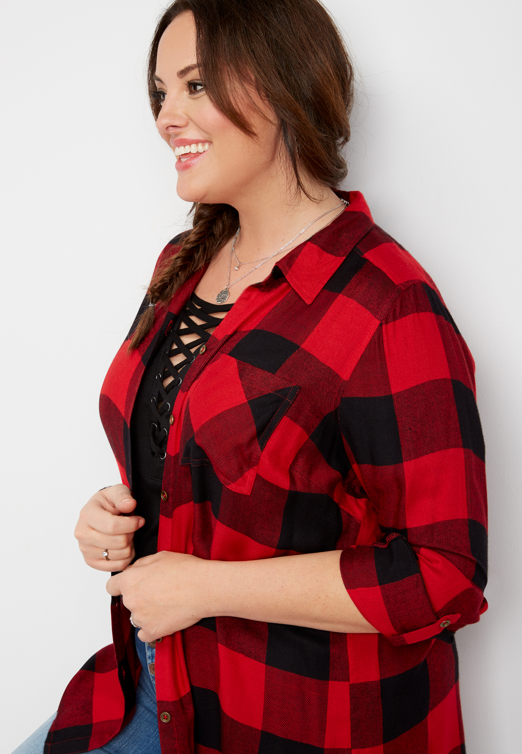 plus size plaid button down tunic top | maurices