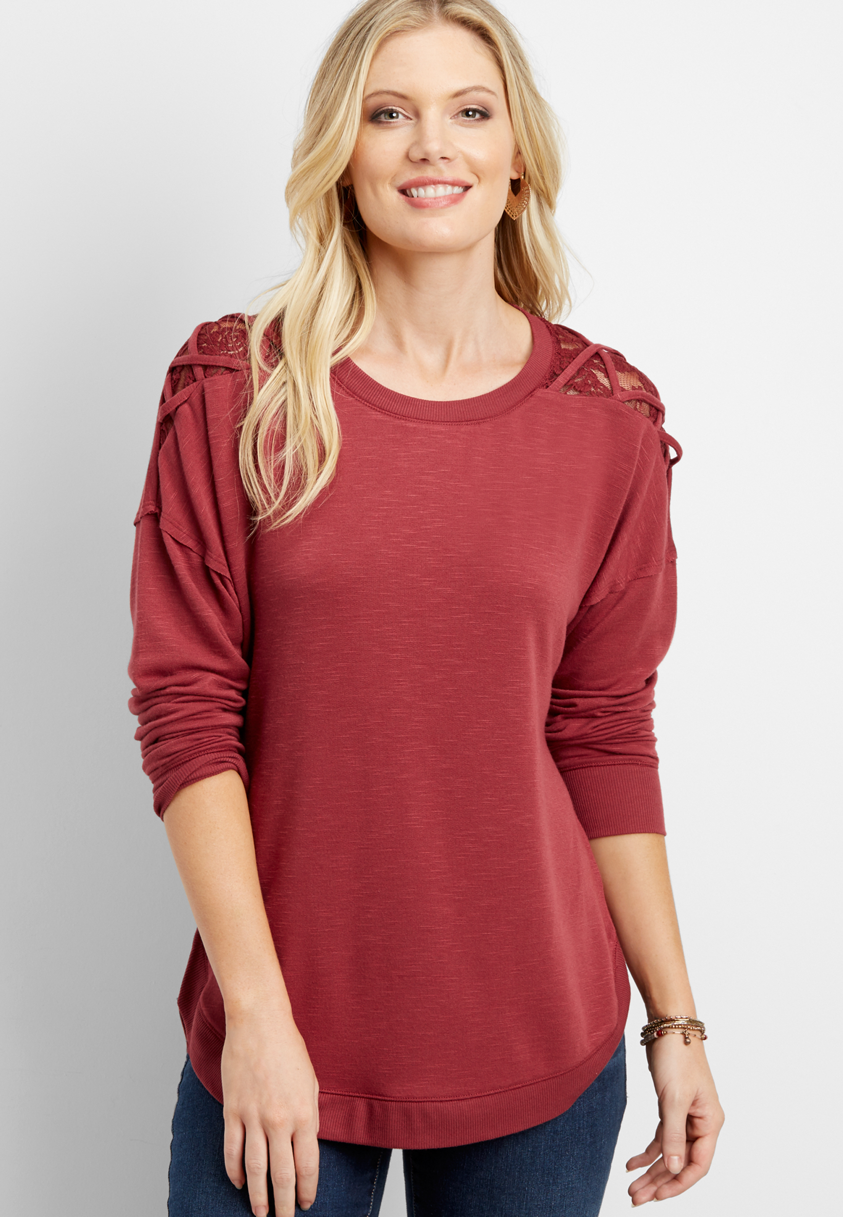 pullover sweatshirt with strappy lace shoulders | maurices