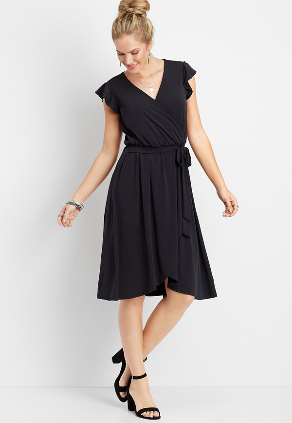 ruffled sleeve black wrap dress | maurices