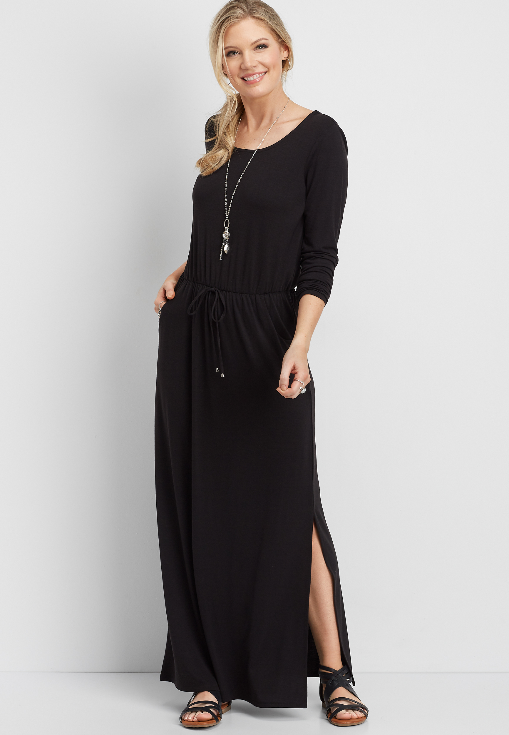 long sleeve black knit maxi dress | maurices