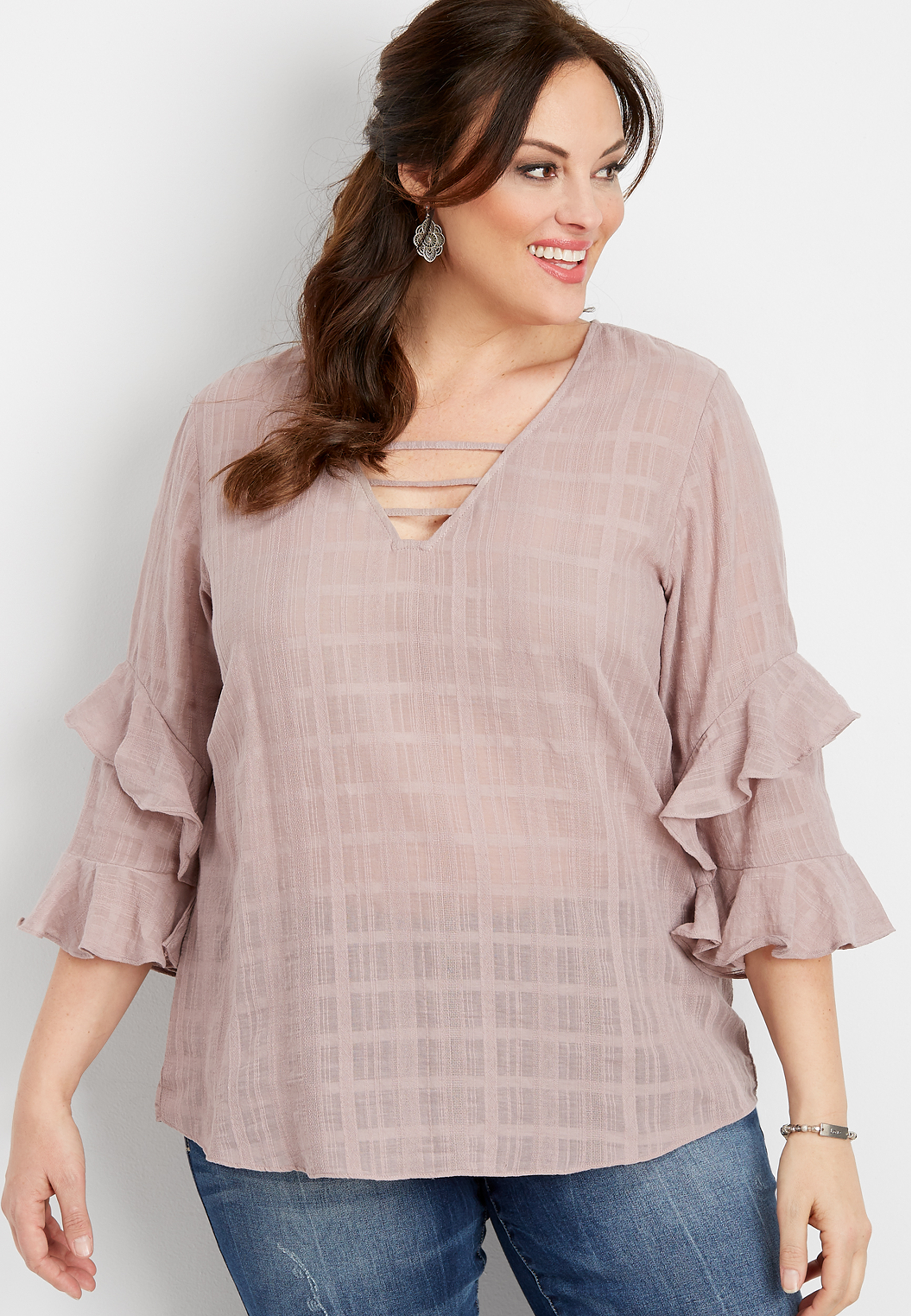 plus size ruffled lattice neck woven pullover | maurices