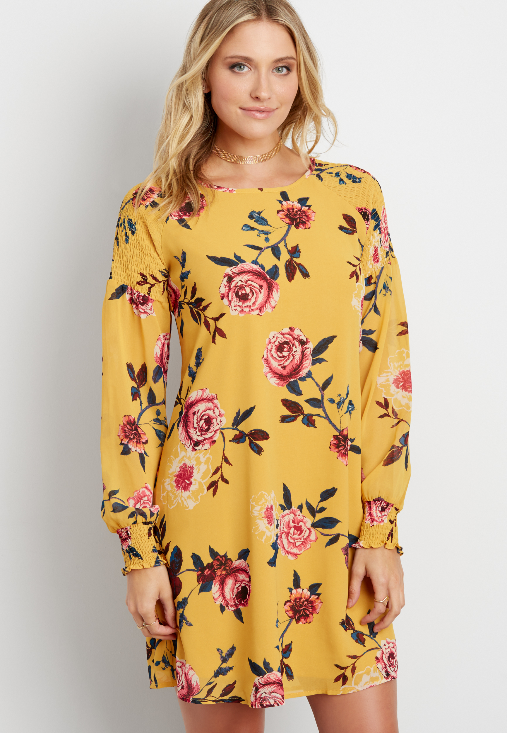 floral print chiffon shift dress with smocking | maurices