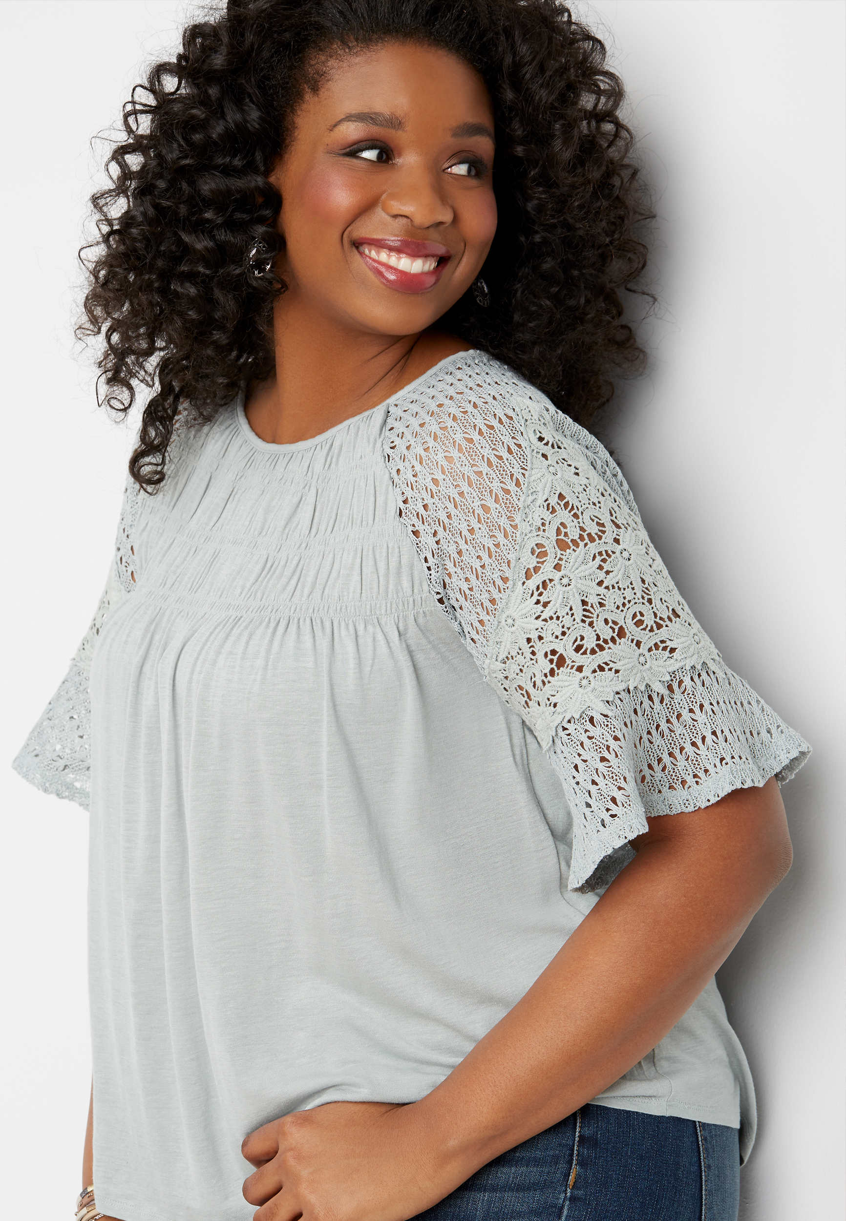 Plus Size Caludette Rose Smocked-Sleeve Necklace Top main image 0