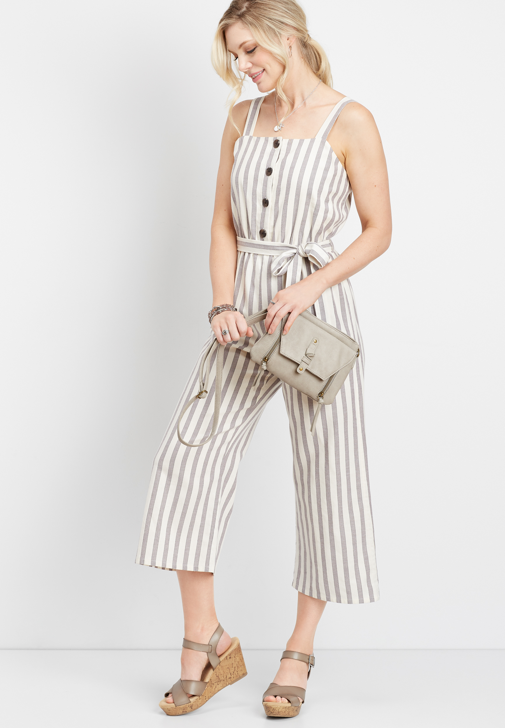 striped tie front jumpsuit