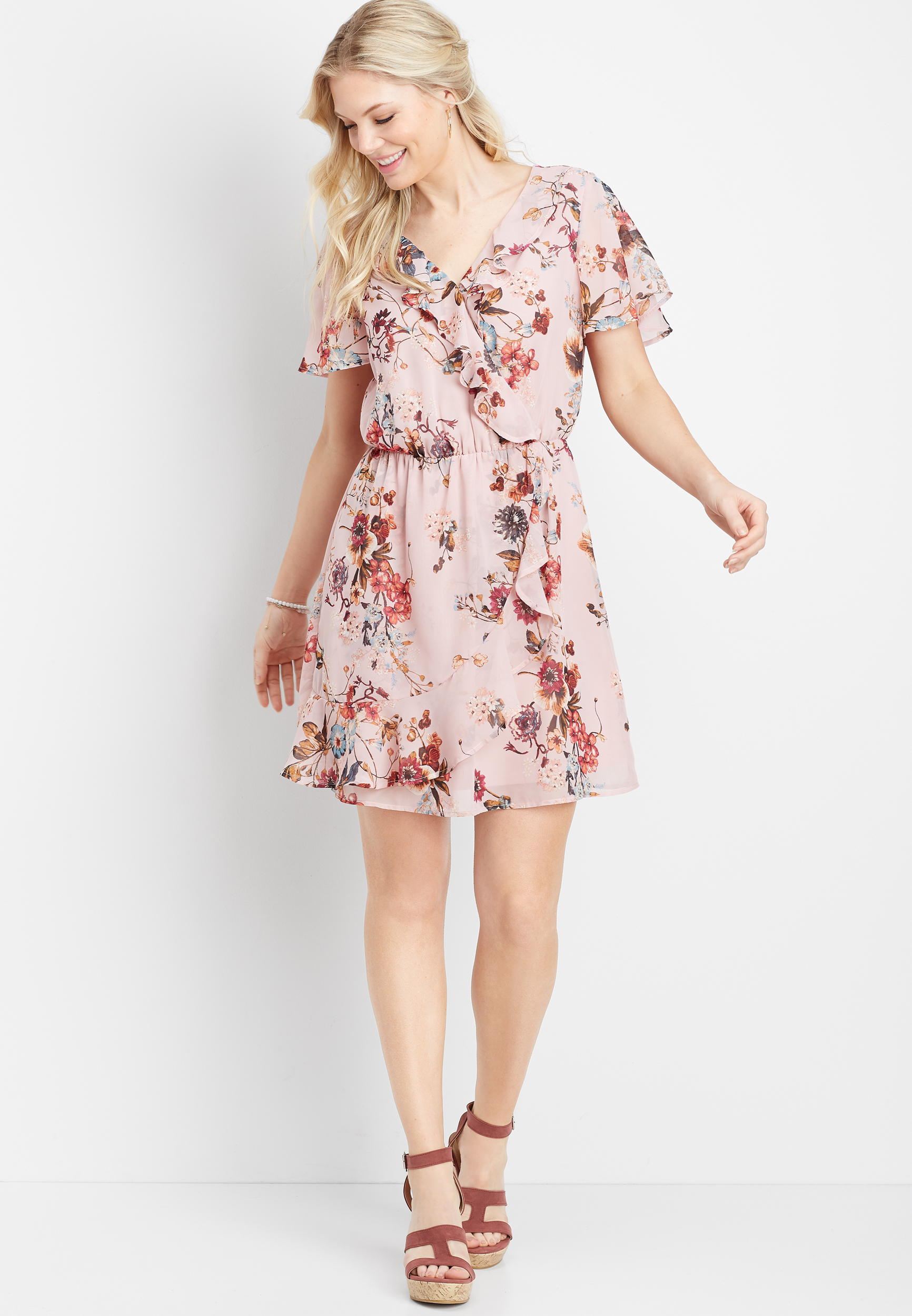 ruffled floral v-neck wrap dress | maurices