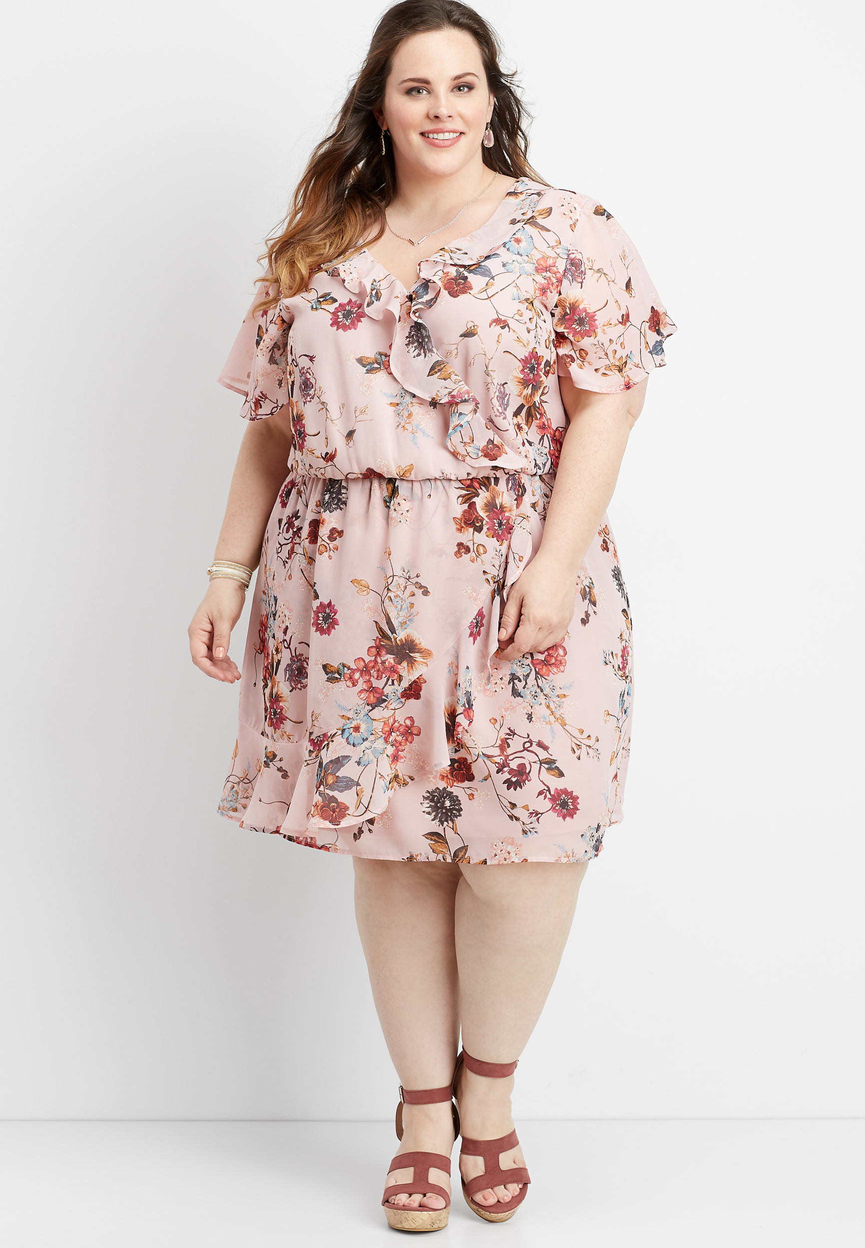 plus size ruffled floral v-neck wrap dress | maurices
