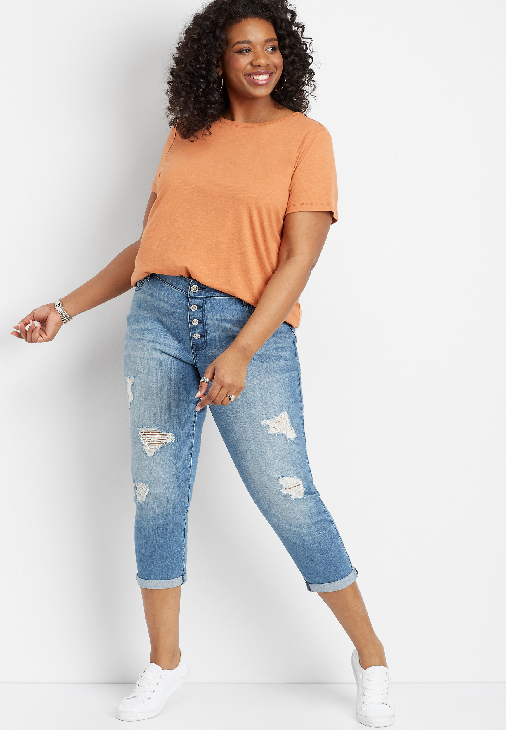 plus size DenimFlex™ medium destructed button fly capri