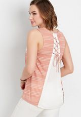 stripe lace up back crochet trim tank, C5543, small