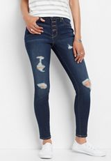 DenimFlex&trade; dark high rise destructed button fly jegging, C258, small