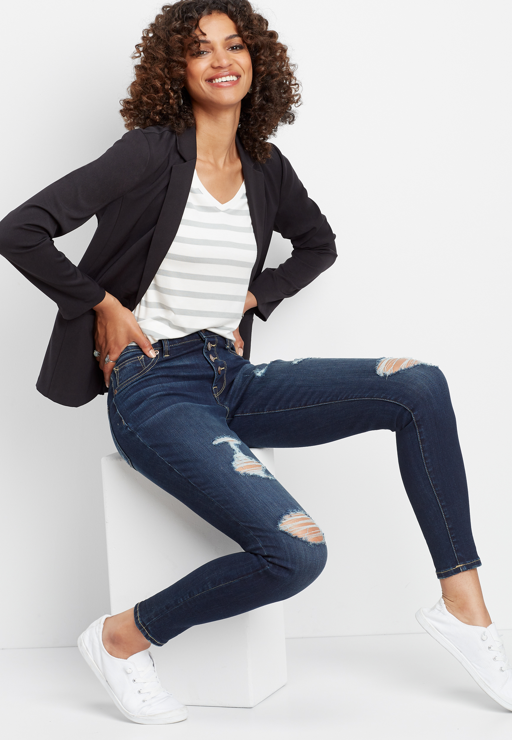 DenimFlex&trade; dark high rise destructed button fly jegging, C258, large