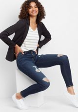 DenimFlex&trade; dark high rise destructed button fly jegging, C258, small
