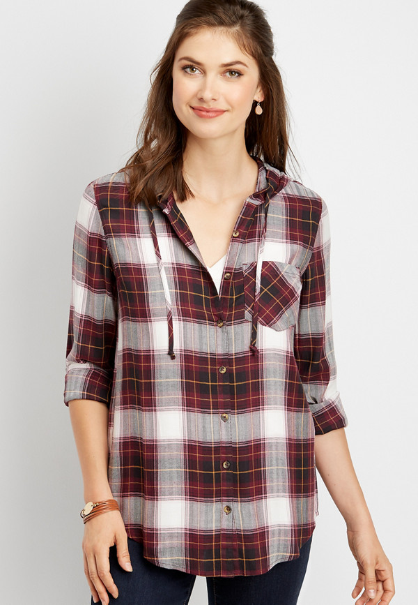 hooded plaid button down tunic shirt | maurices