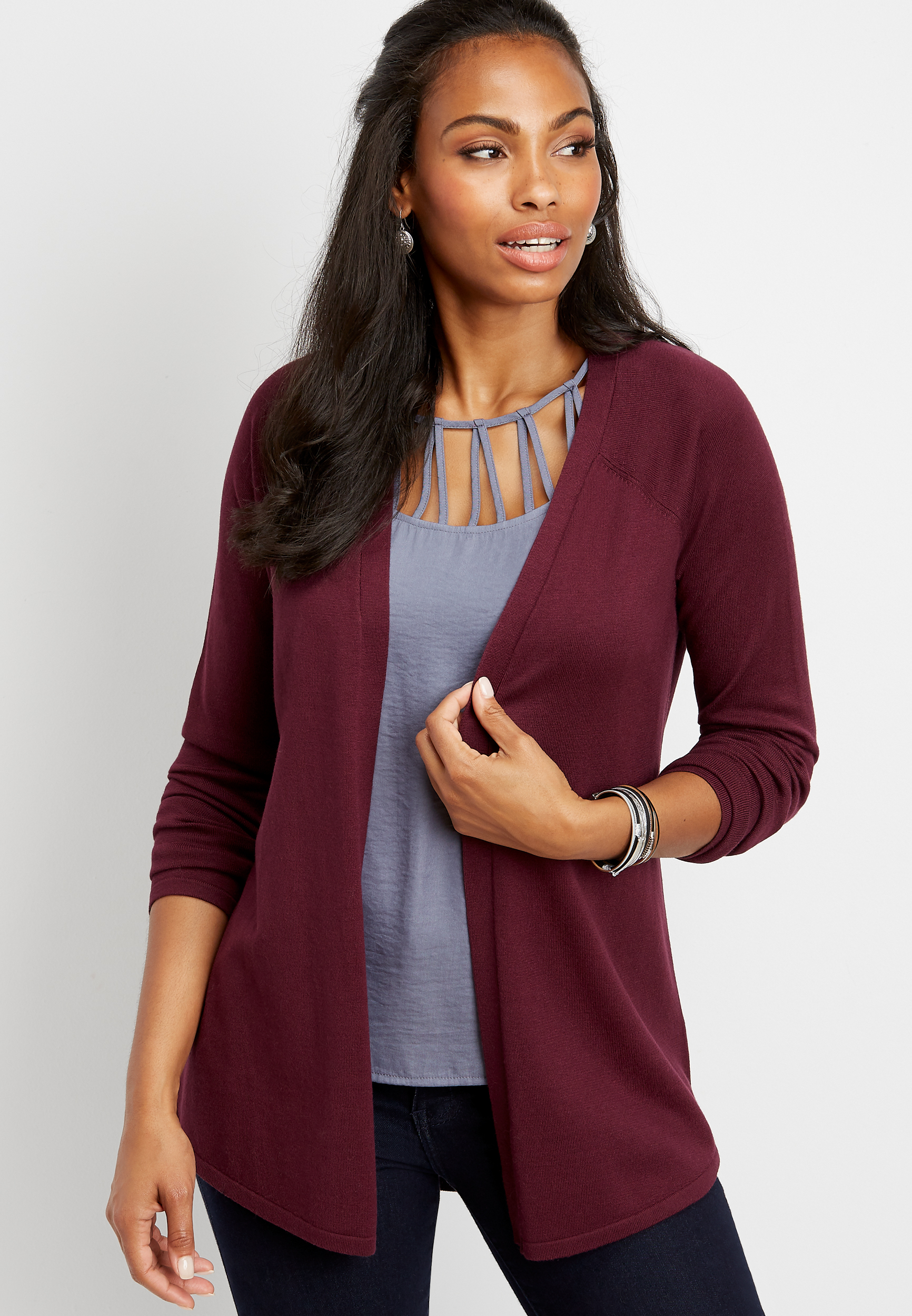 long sleeve pointelle back cardigan | maurices