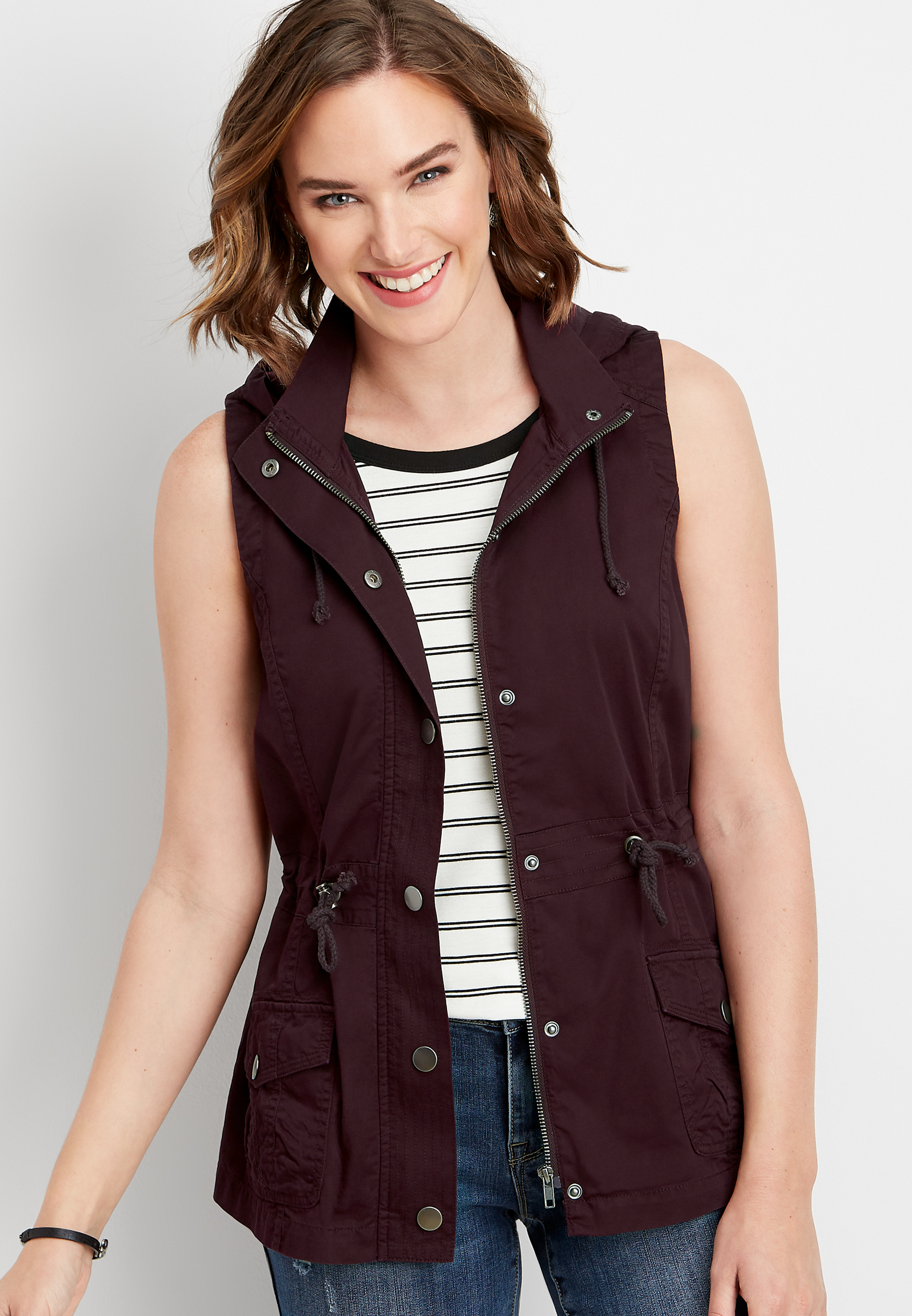 solid cinched waist hooded vest maurices