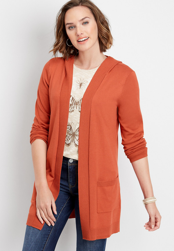 hooded long sleeve pointelle back cardigan | maurices