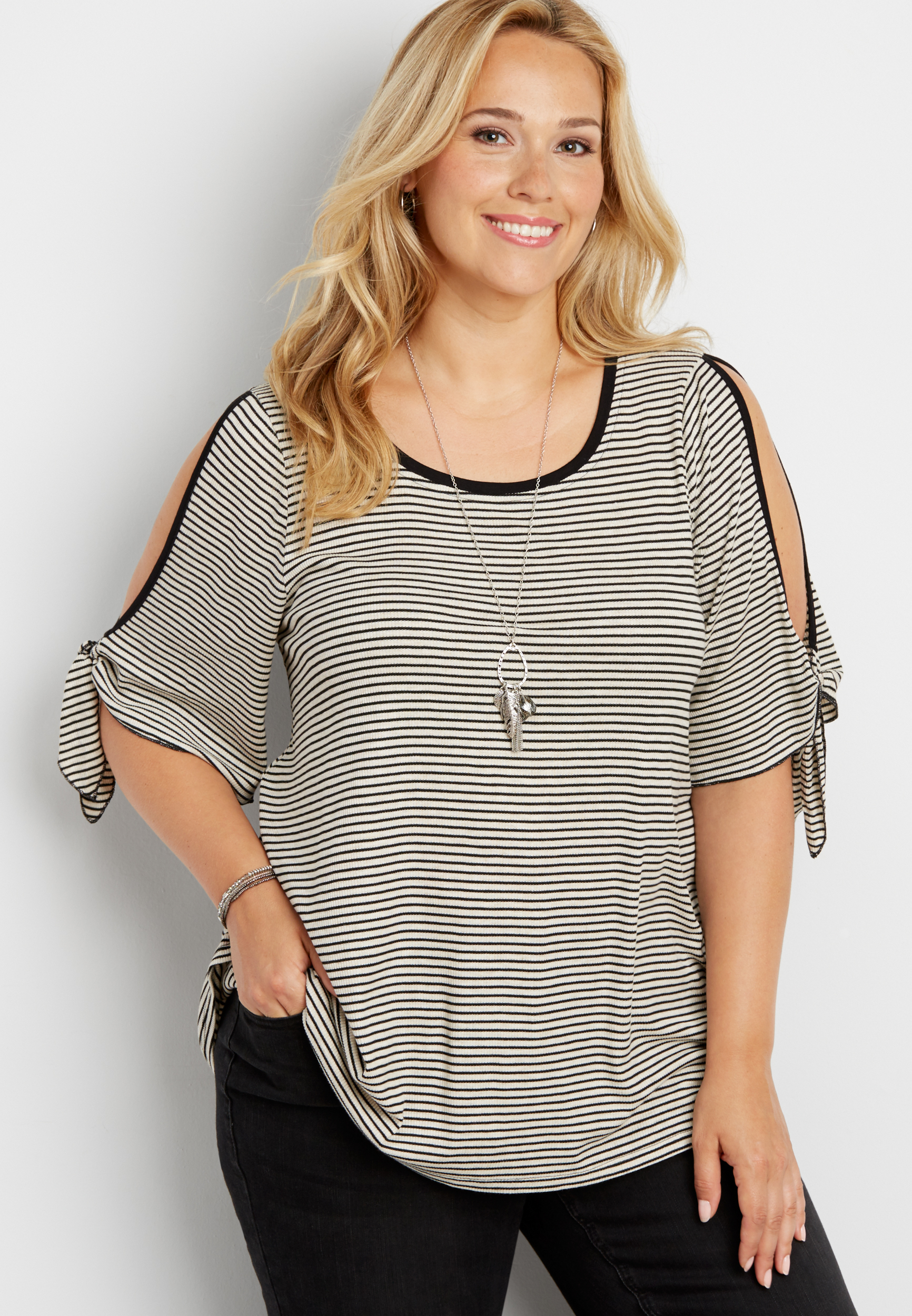 plus size ribbed cold shoulder tee with stripes | maurices