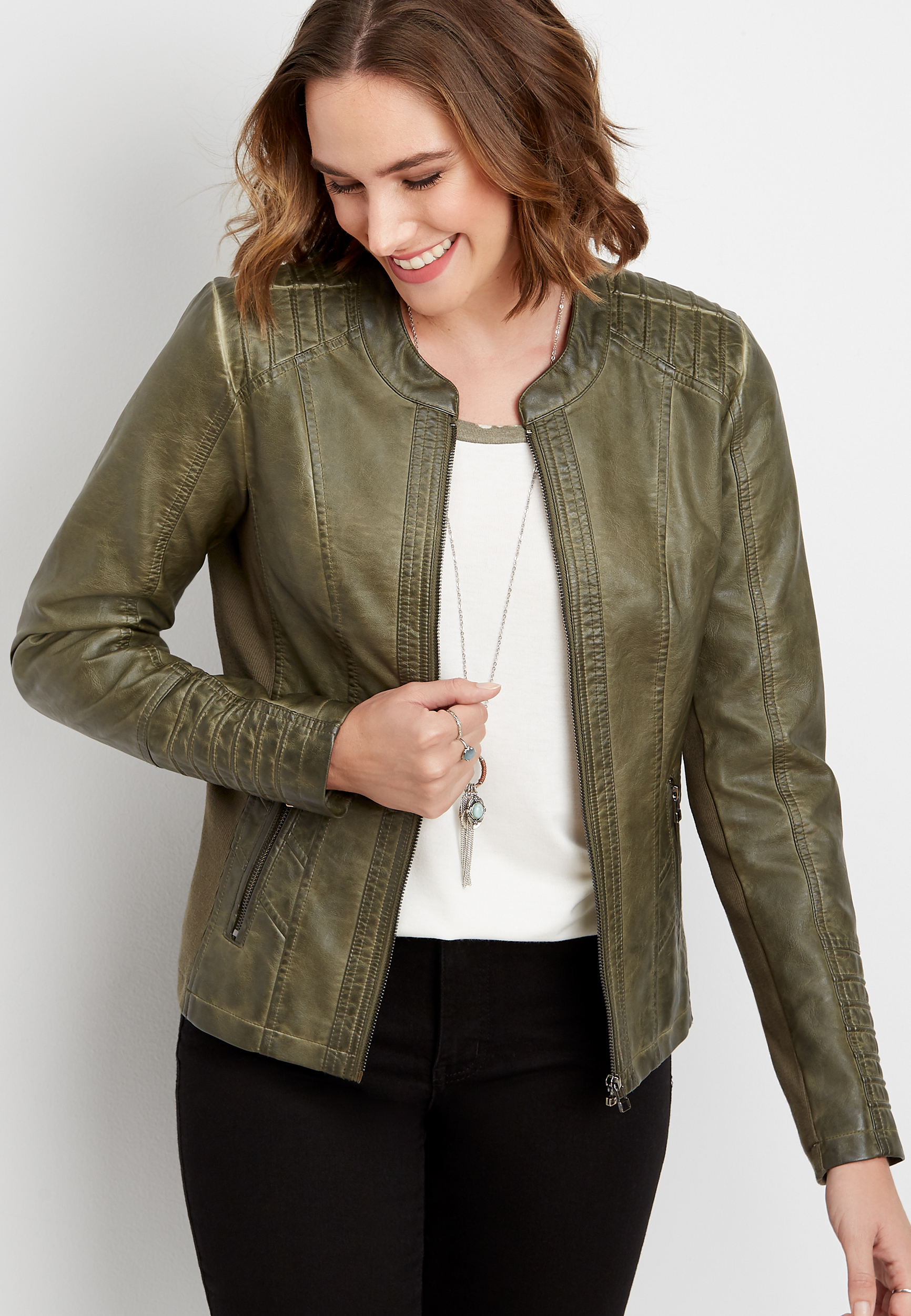 olive faux leather princess seam jacket | maurices