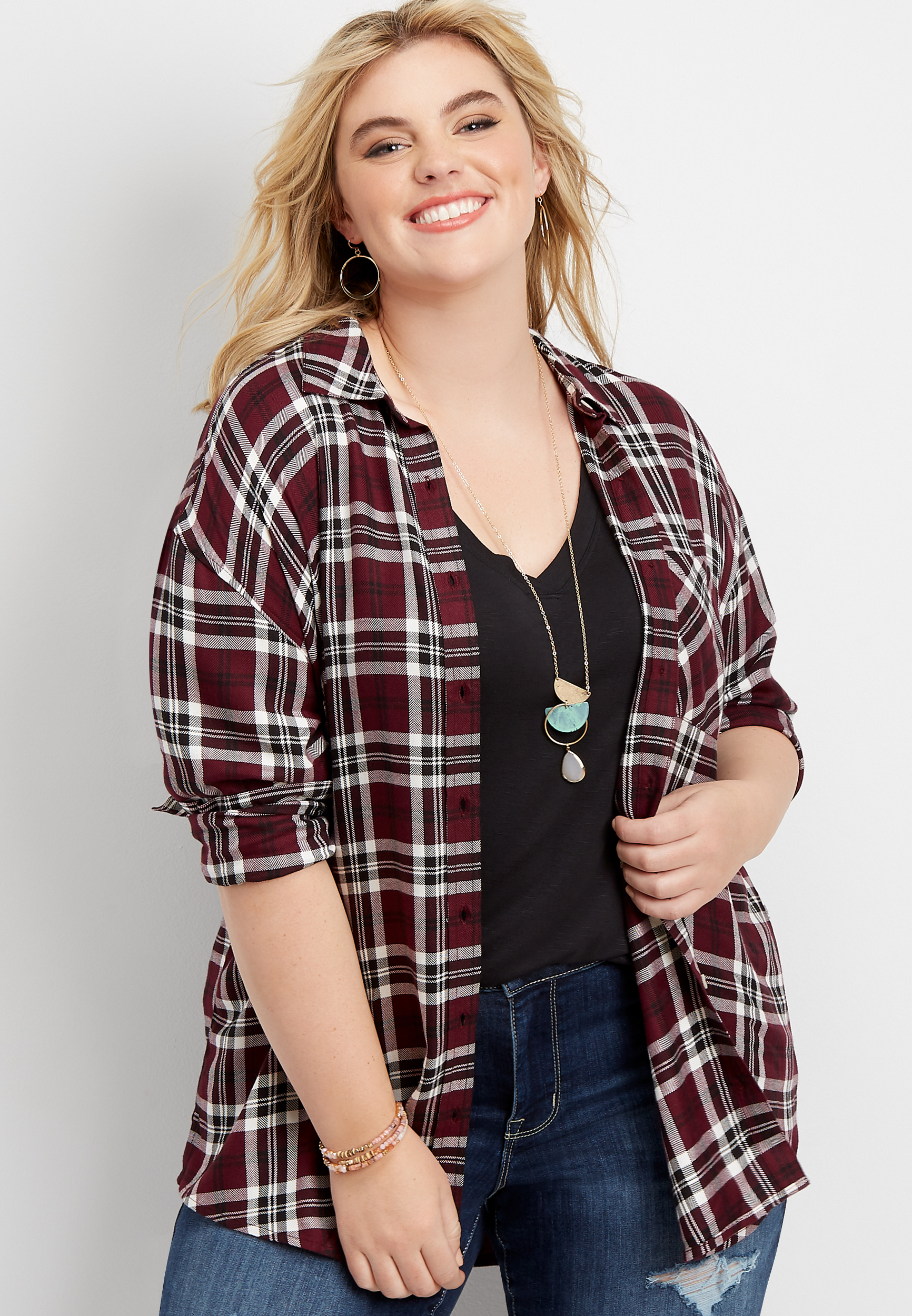 plus size plaid tunic button down shirt | maurices