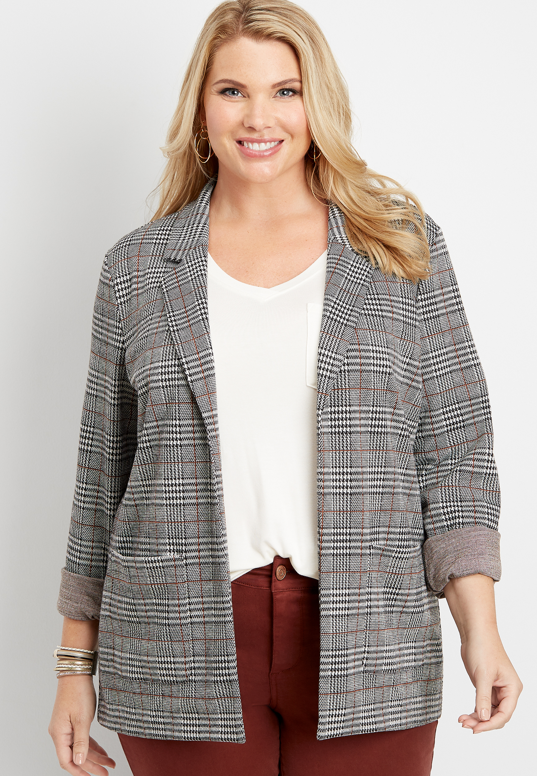 Plus size menswear plaid open front blazer maurices