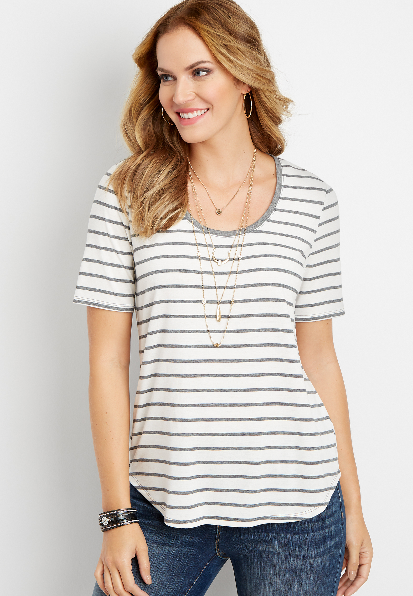 24/7 stripe print scoop neck tee | maurices