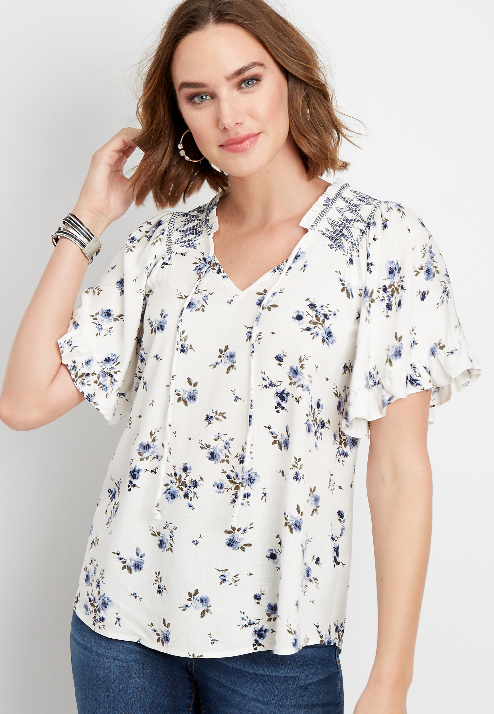 Floral Short Sleeve Peasant Top | maurices