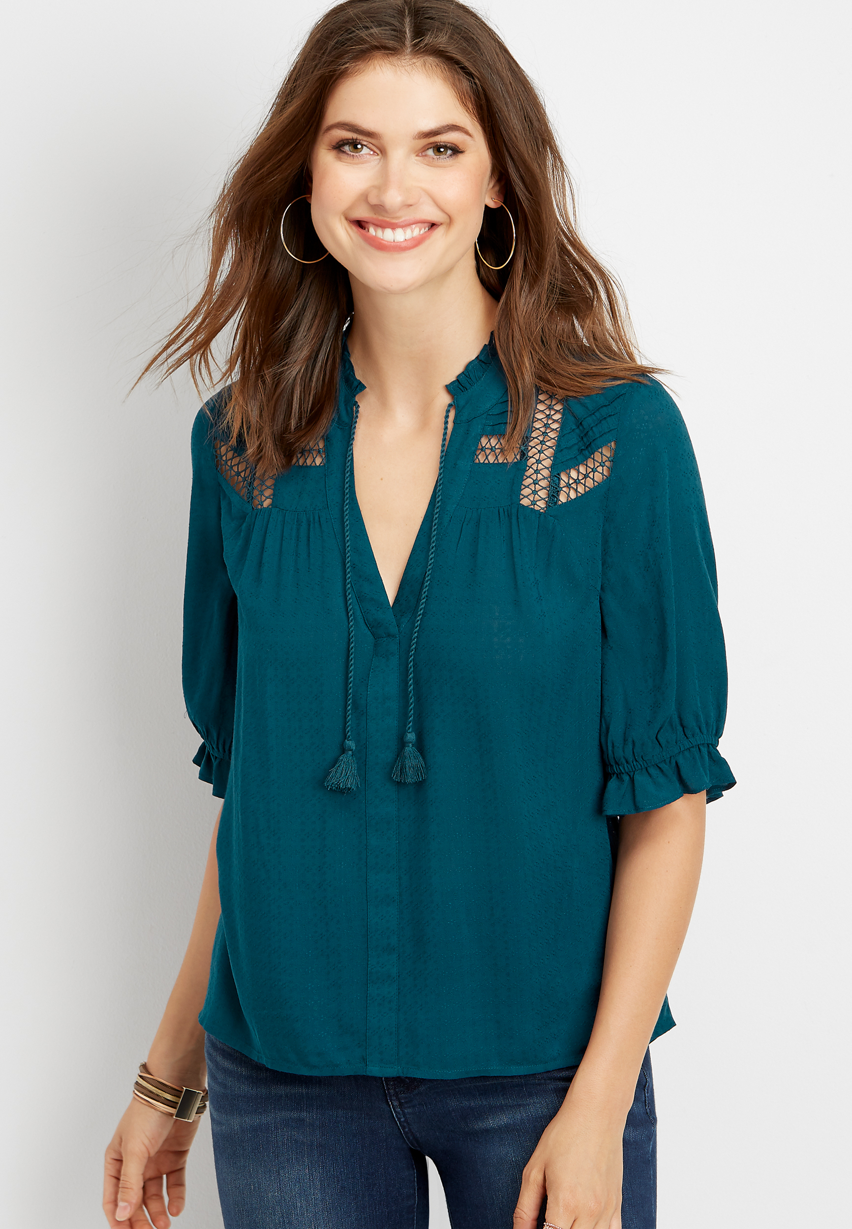crocheted trim long sleeve peasant top | maurices