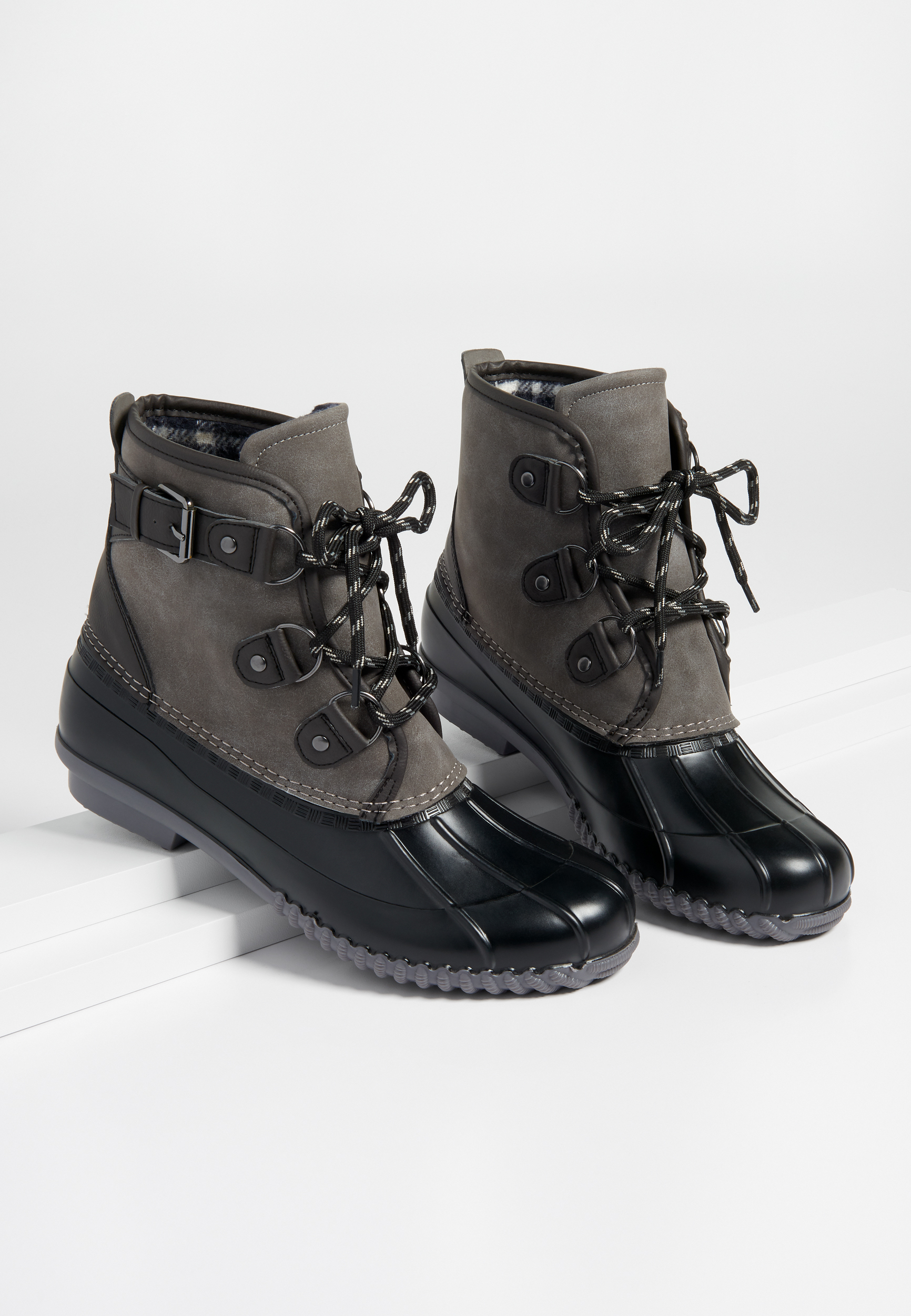 gray and black duck boots