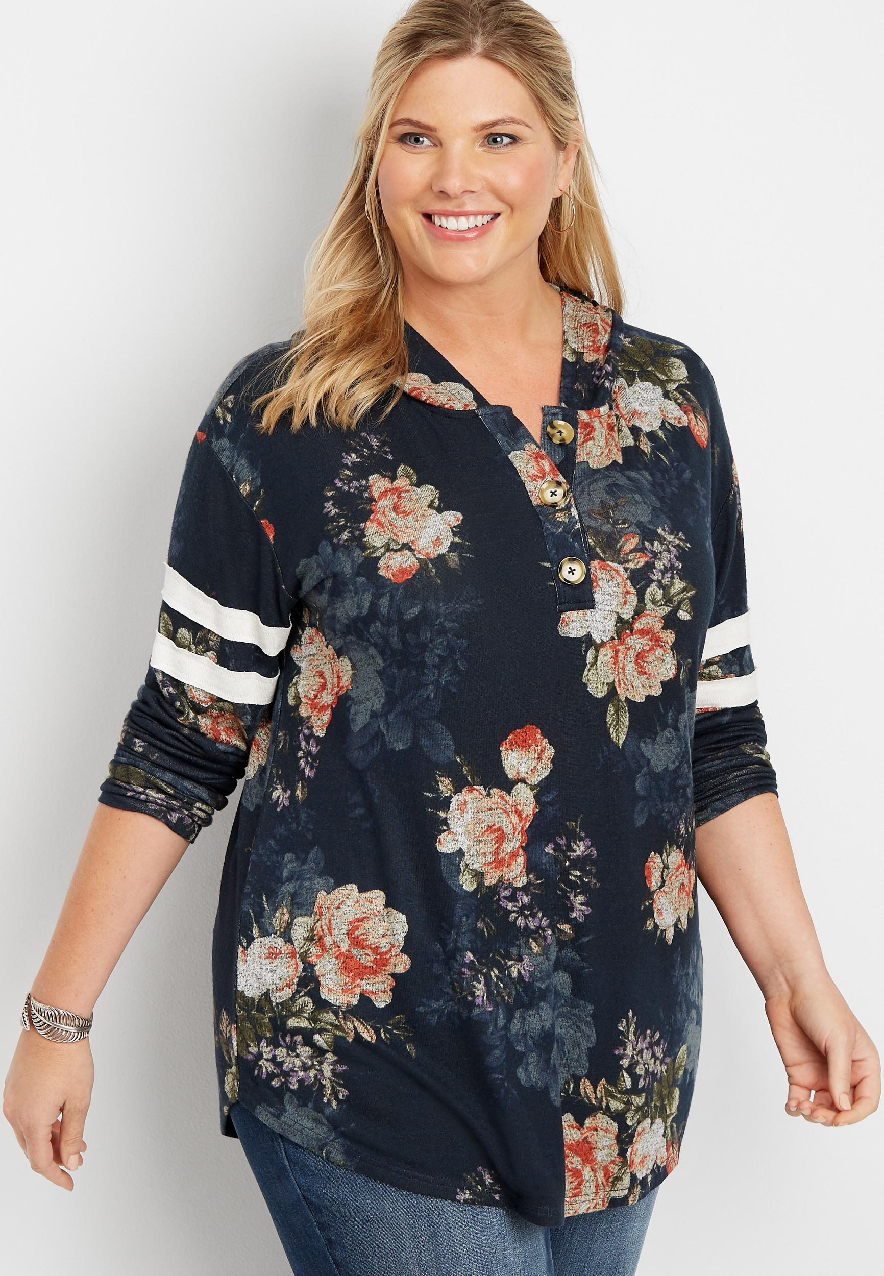 plus size floral hooded henley pullover | maurices