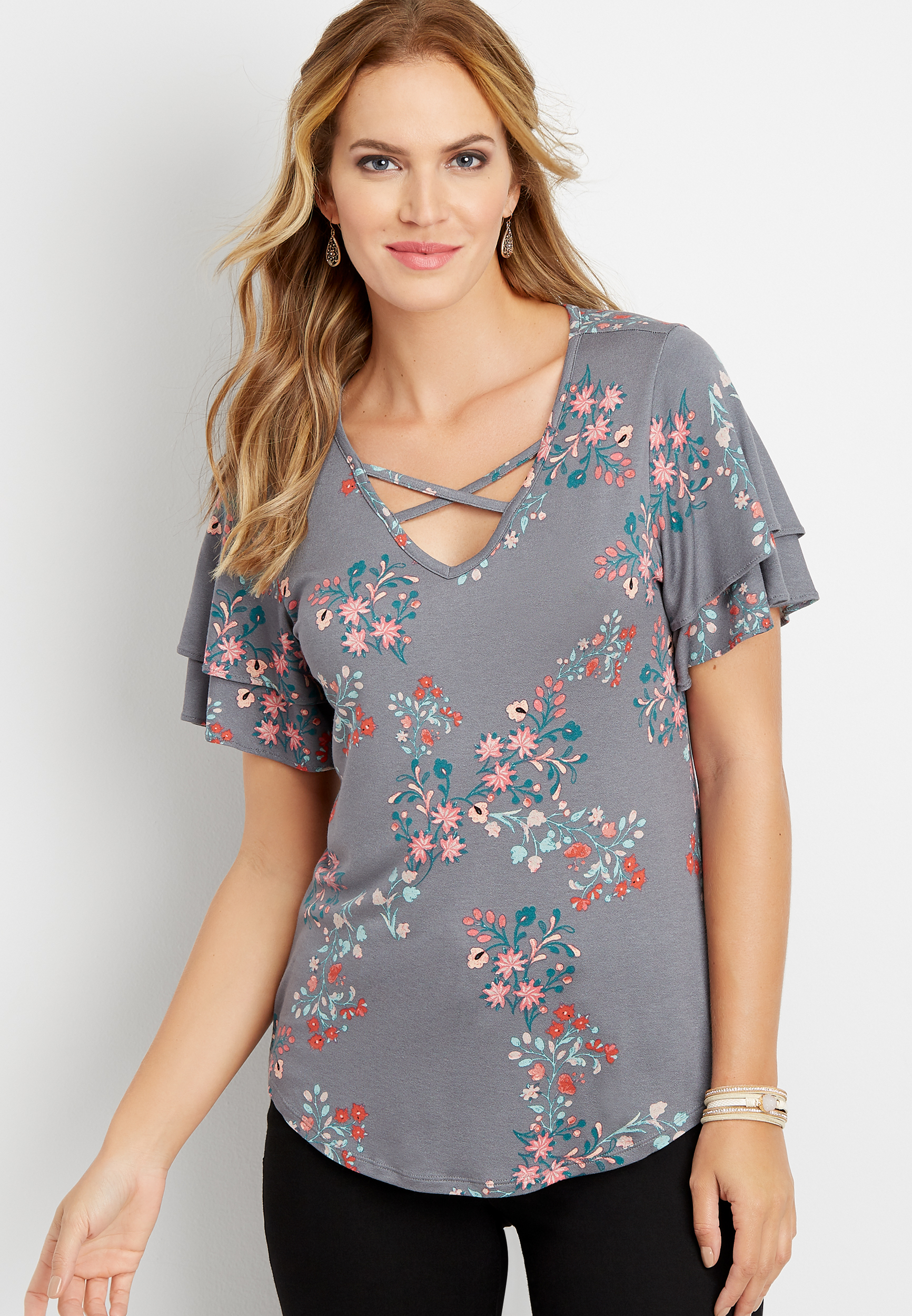 24/7 floral double flutter sleeve tee | maurices