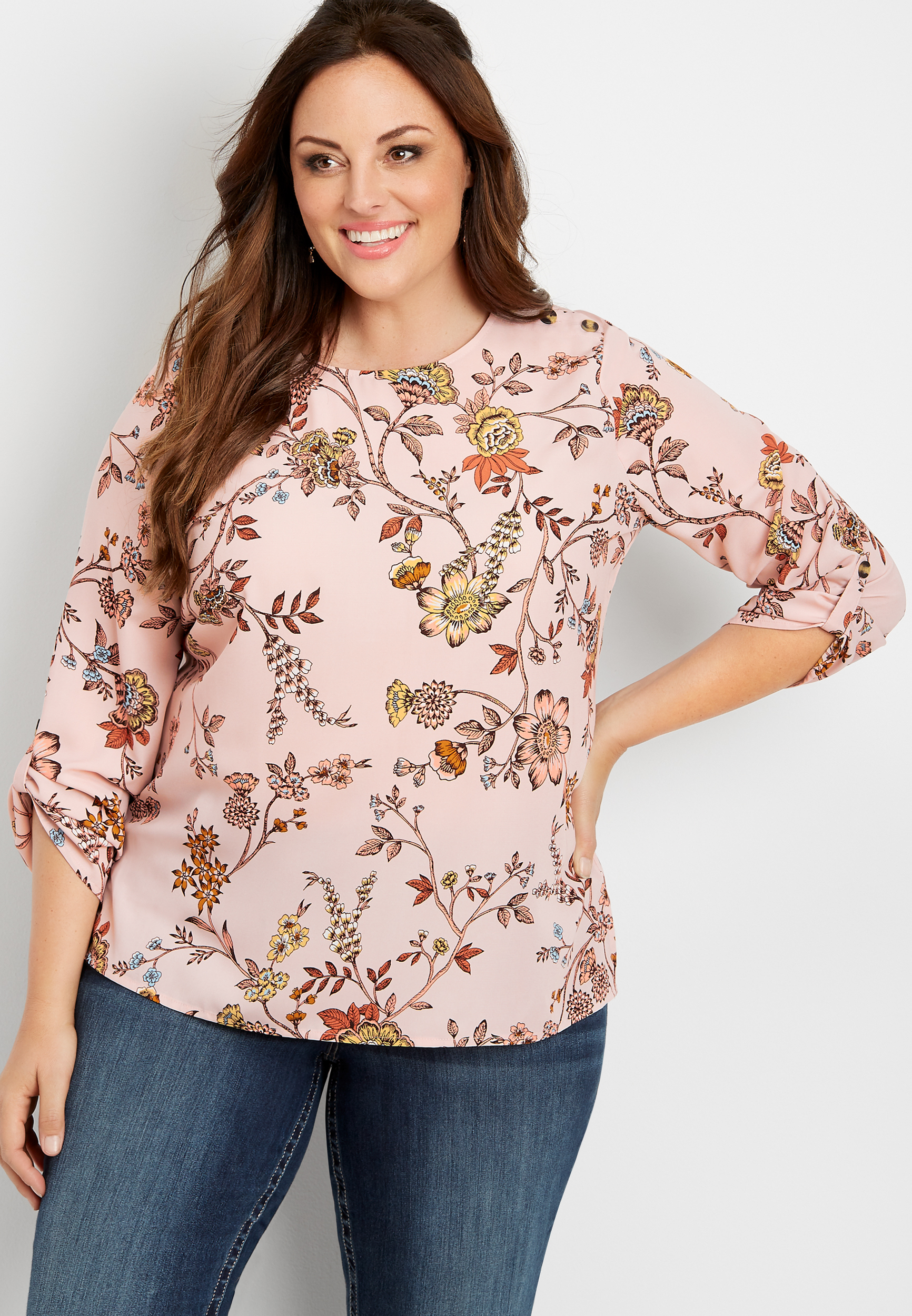 plus size floral button sleeve blouse | maurices