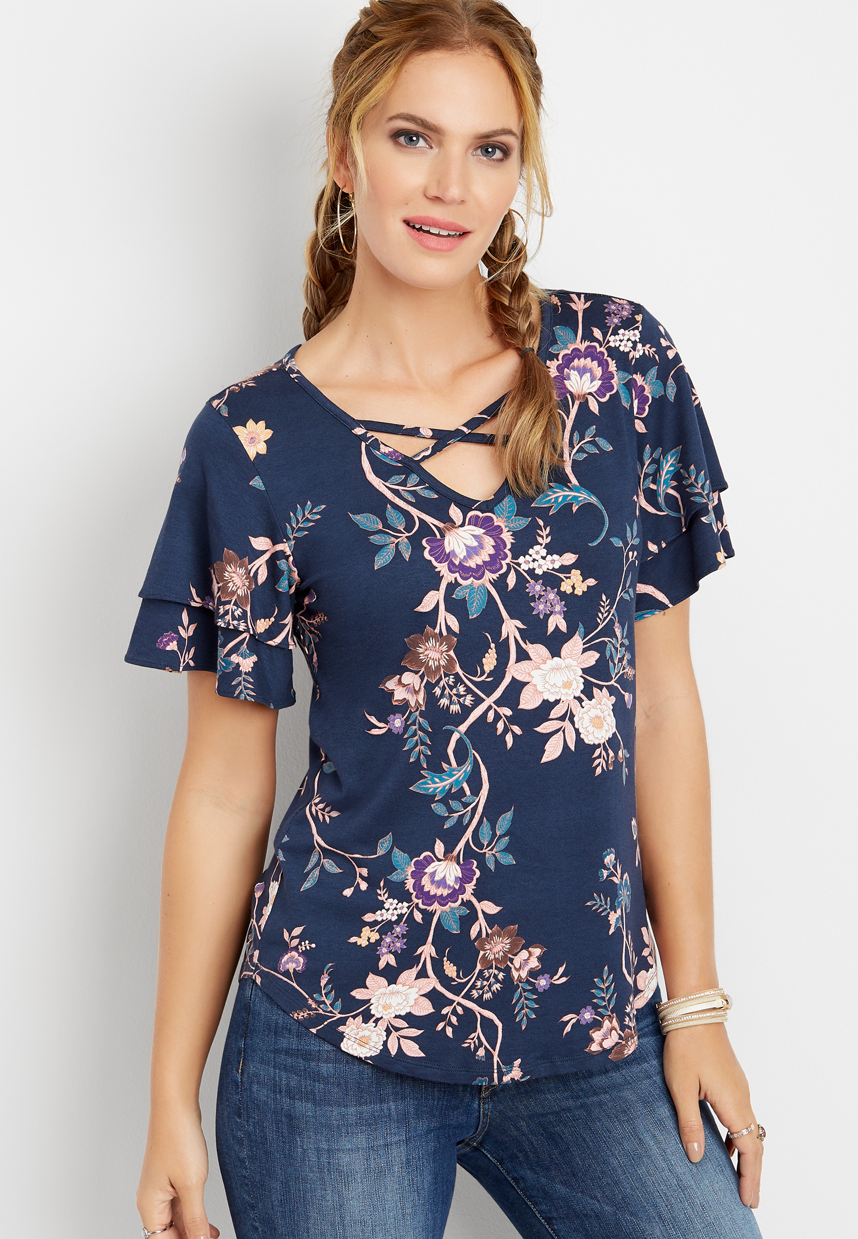 24/7 floral double flutter sleeve tee | maurices