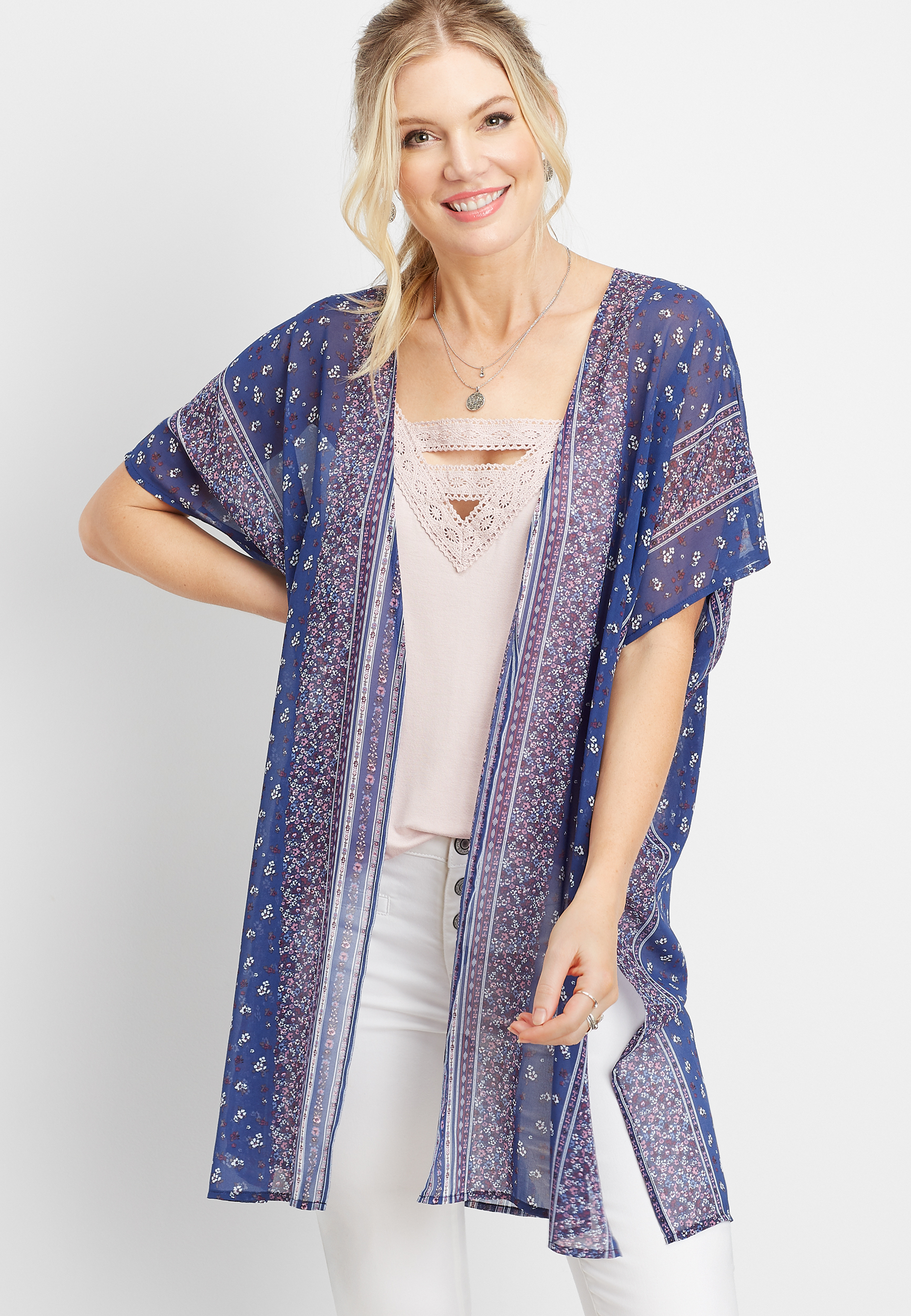 blue paisley short sleeve kimono | maurices