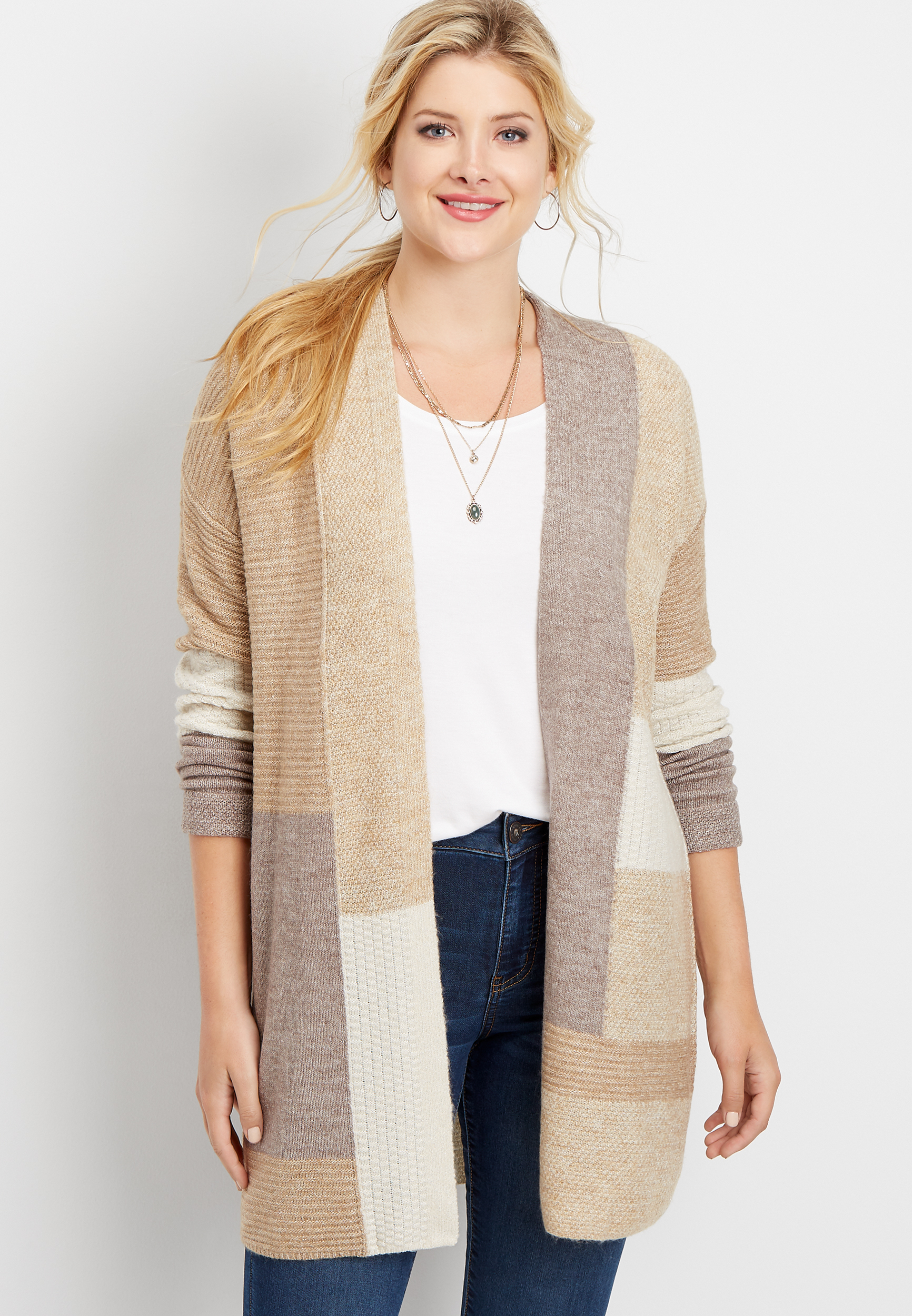 patchwork colorblock open front duster cardigan | maurices