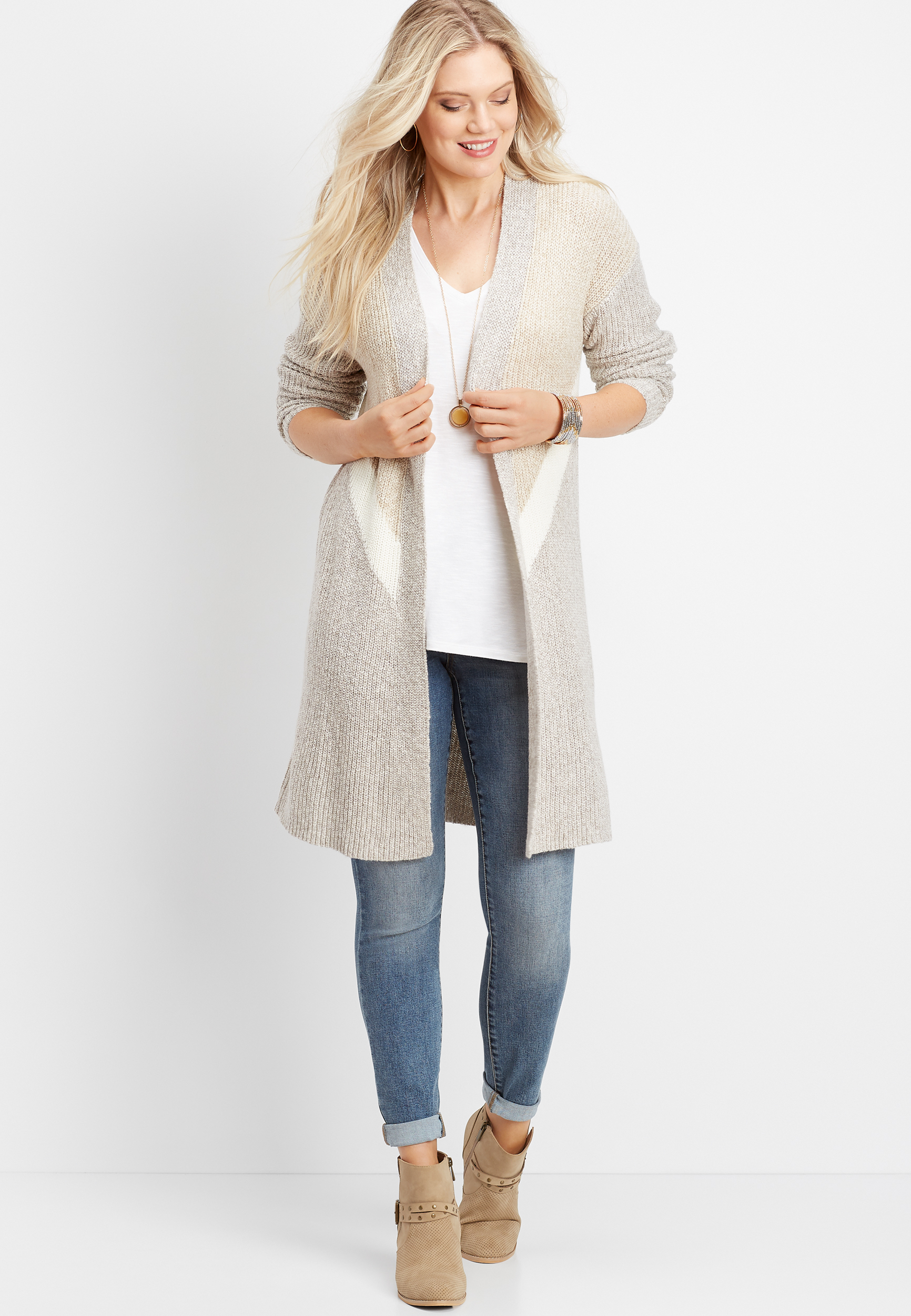 chevron colorblock open front duster cardigan | maurices