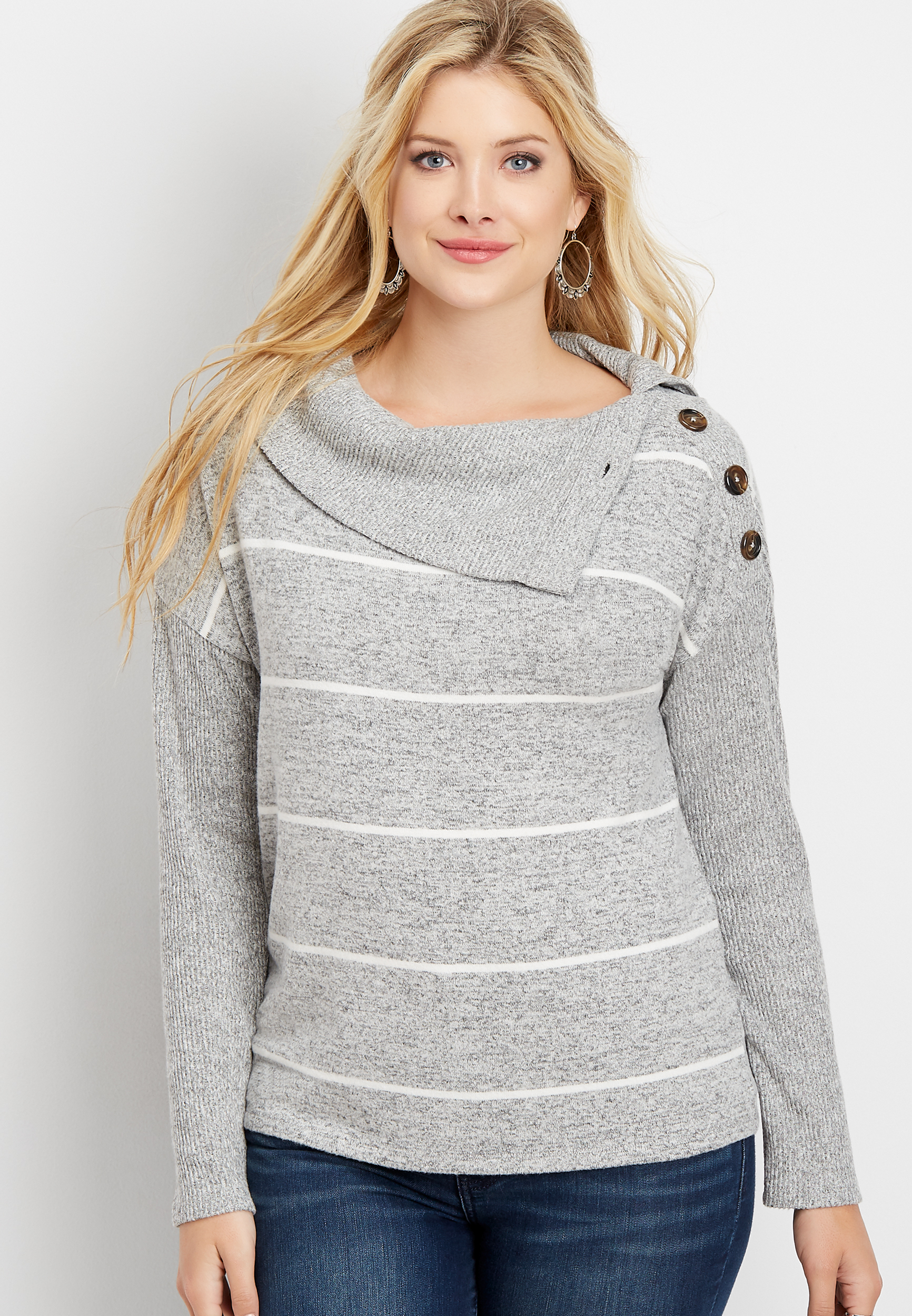 24/7 stripe button cowl neck pullover | maurices