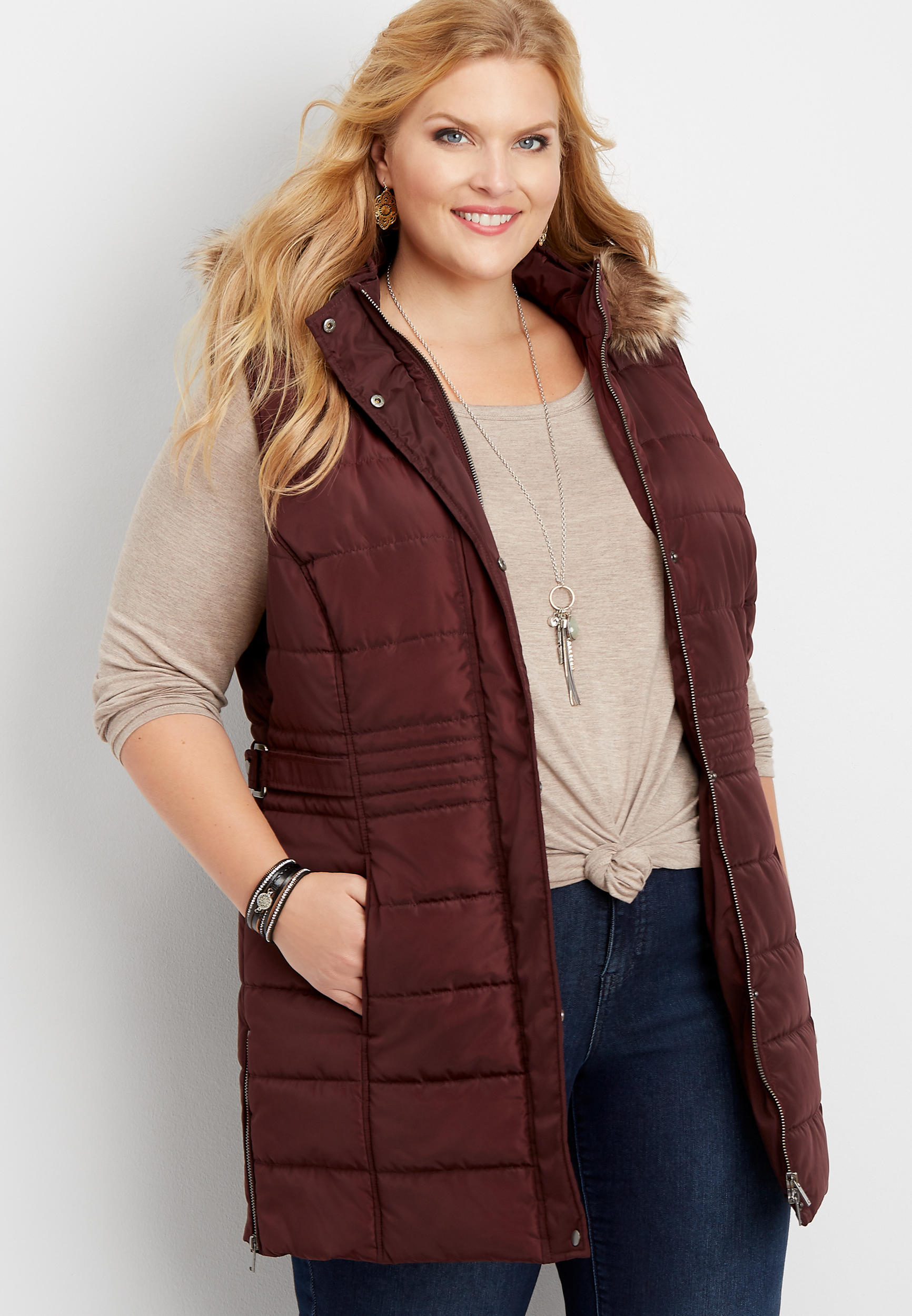 plus size long hooded puffer vest | maurices