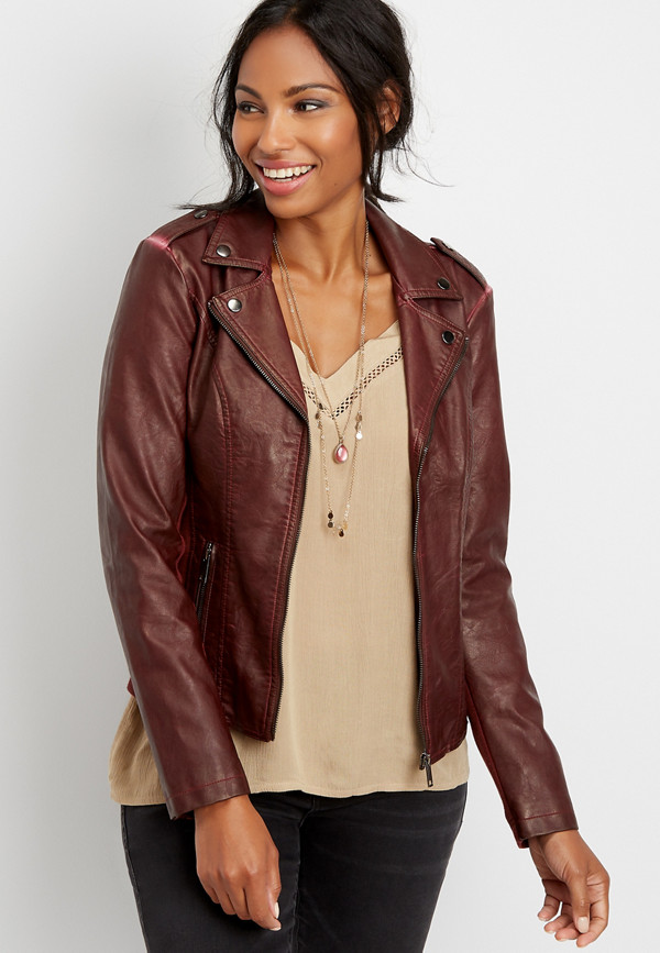 faux leather washed moto jacket | maurices