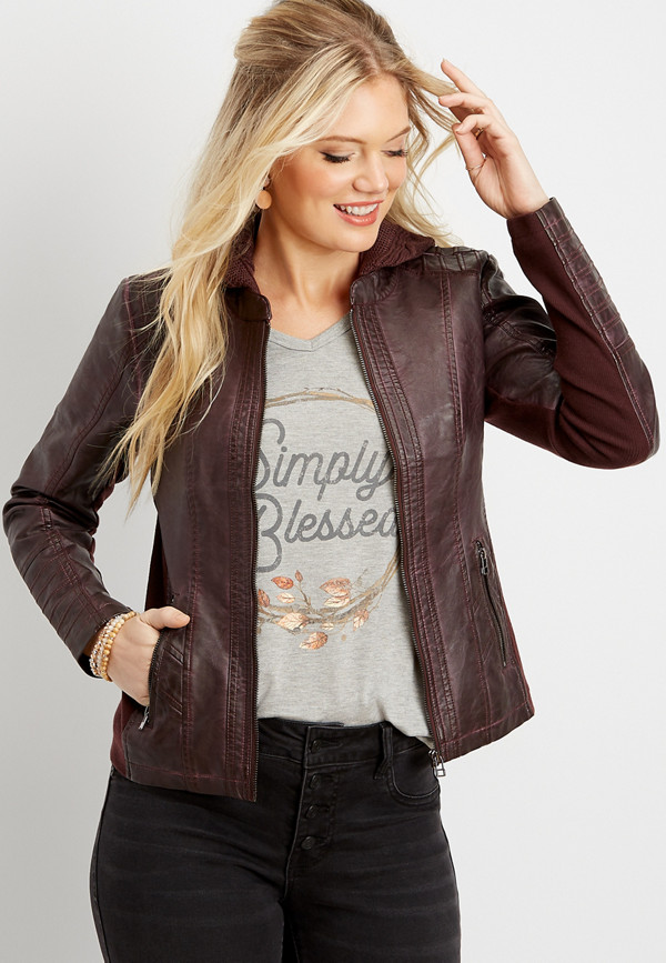 faux leather pintuck hooded jacket | maurices