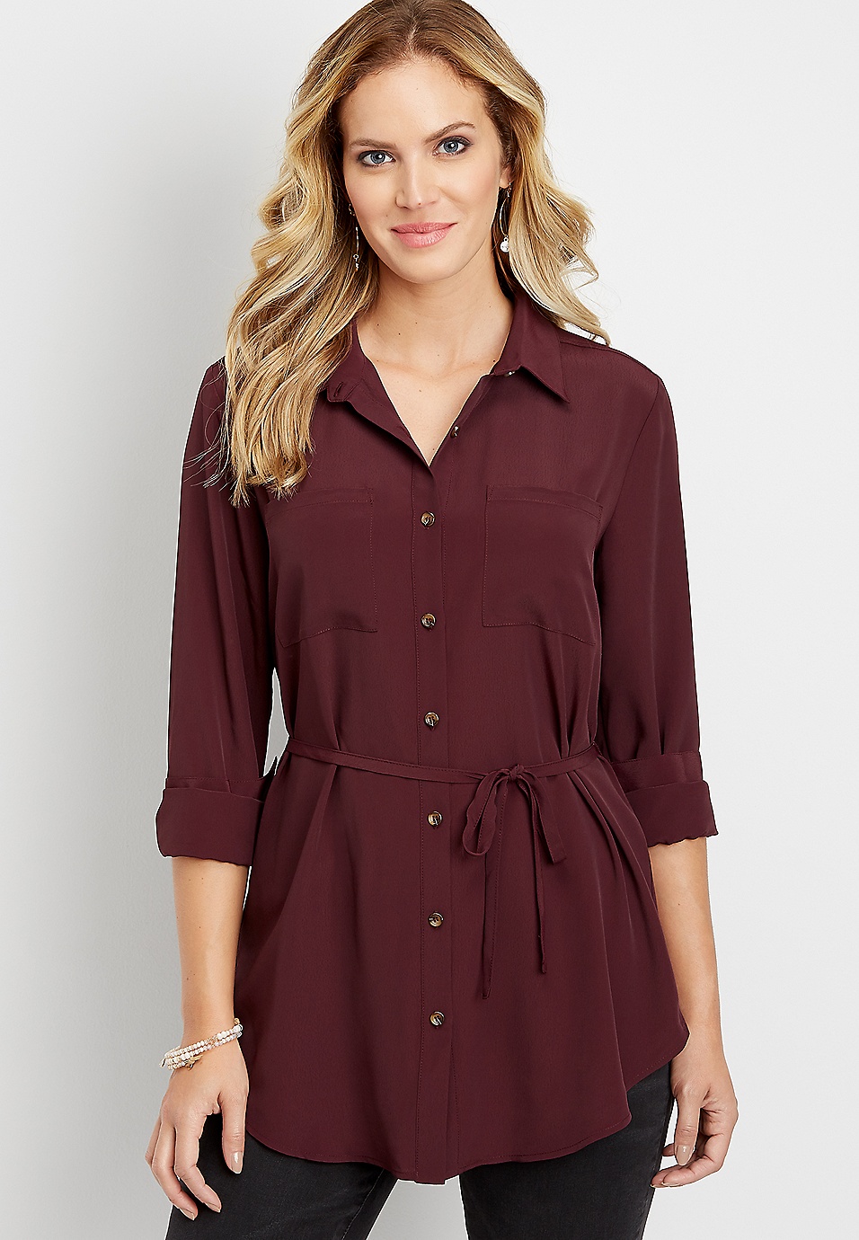solid tie waist long sleeve tunic blouse