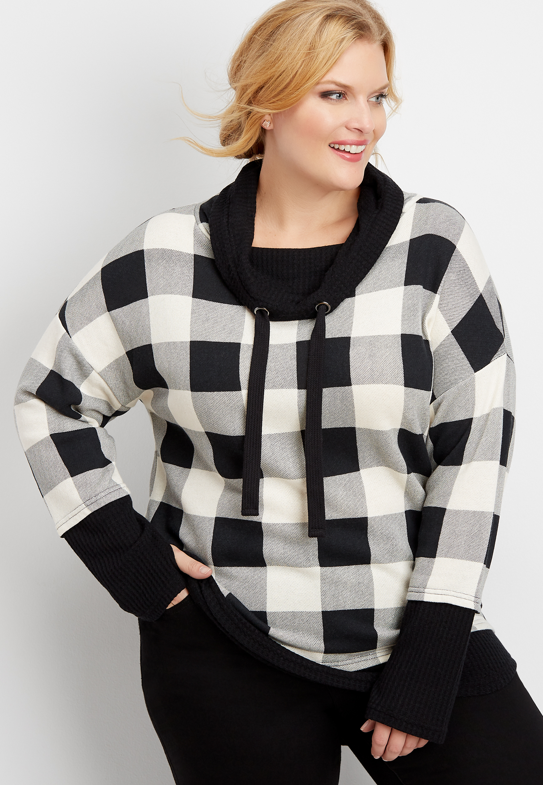 plaid cowl neck tunic sweatshirt