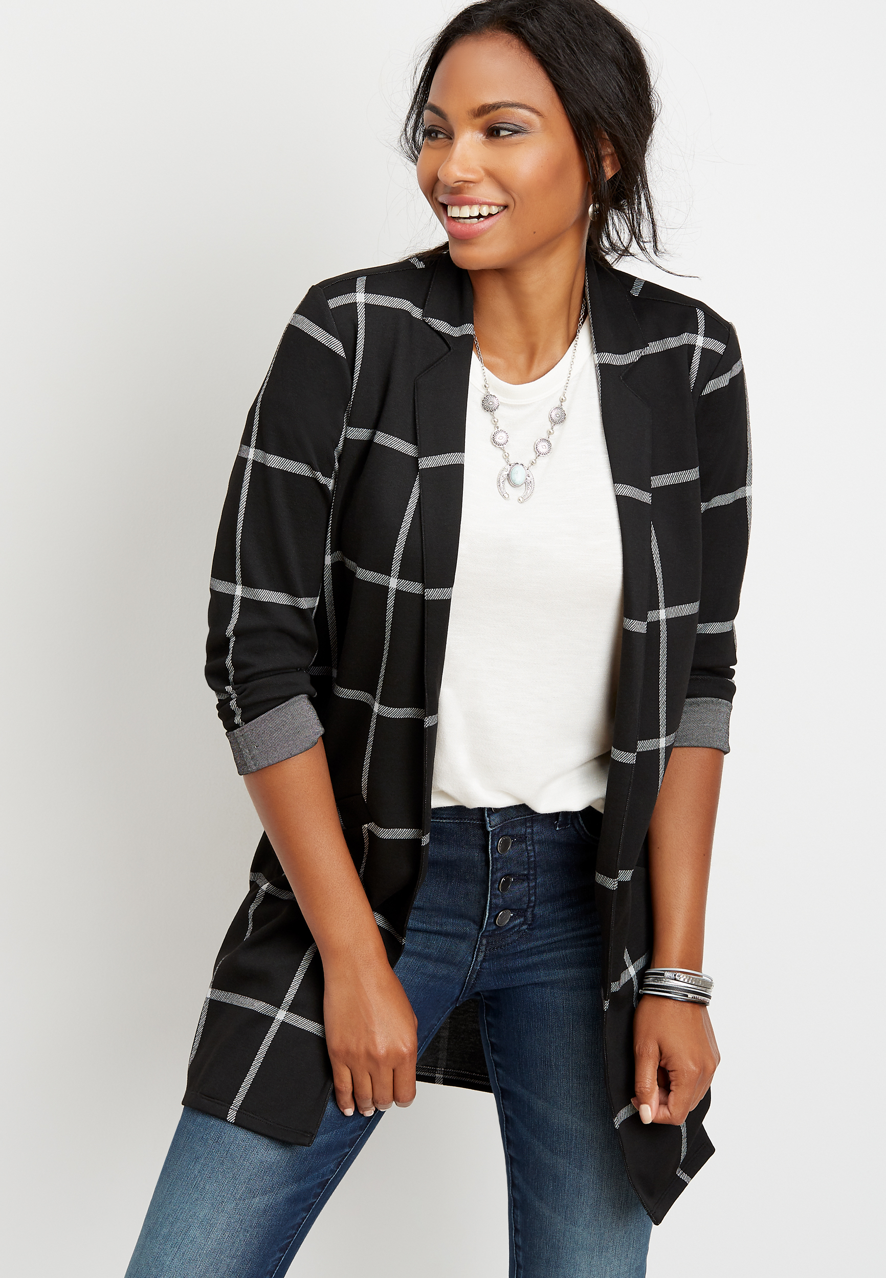 menswear plaid open front duster blazer | maurices