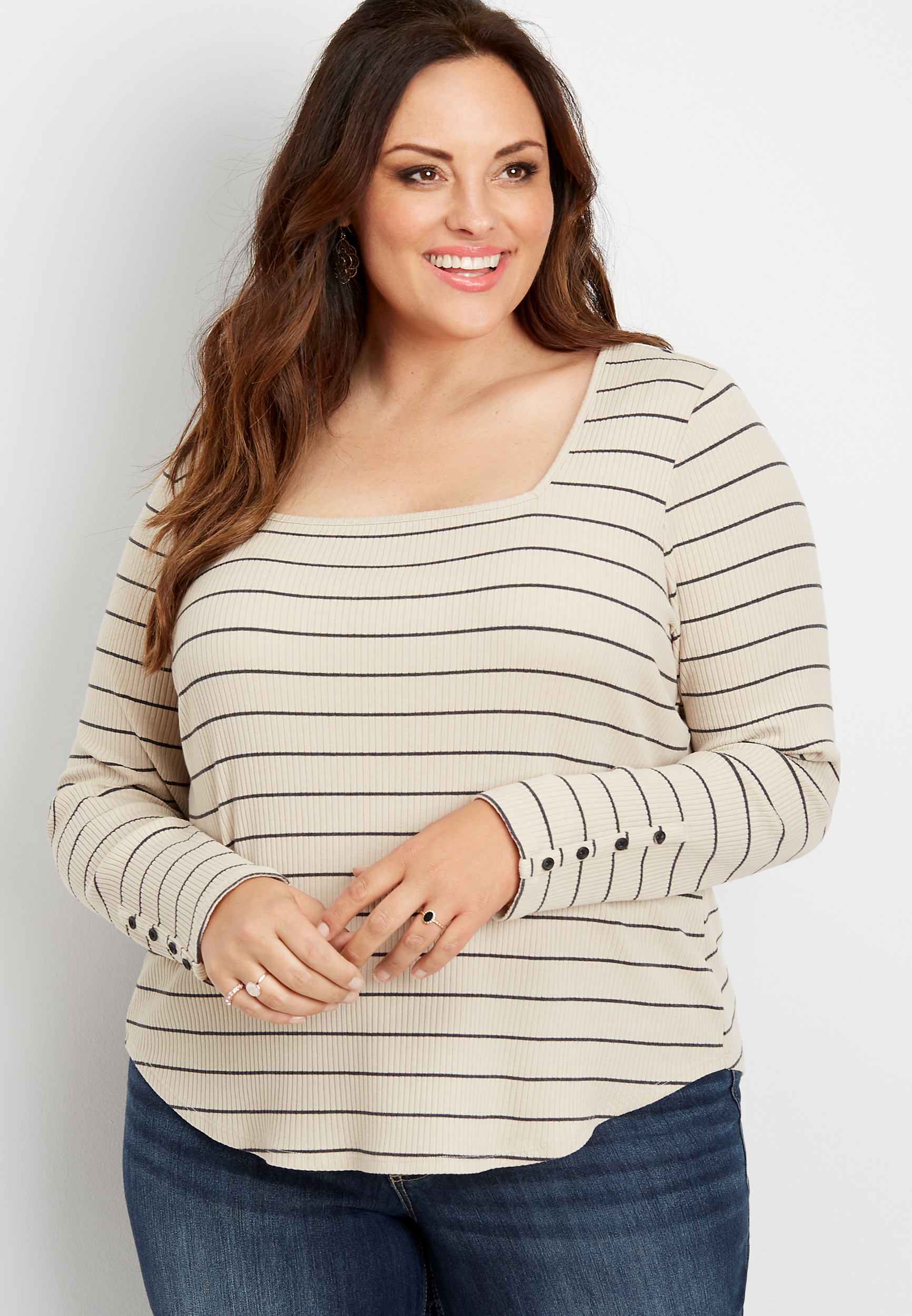 HIDDEN FROM SITE plus size 24/7 stripe ribbed square neck long sleeve ...