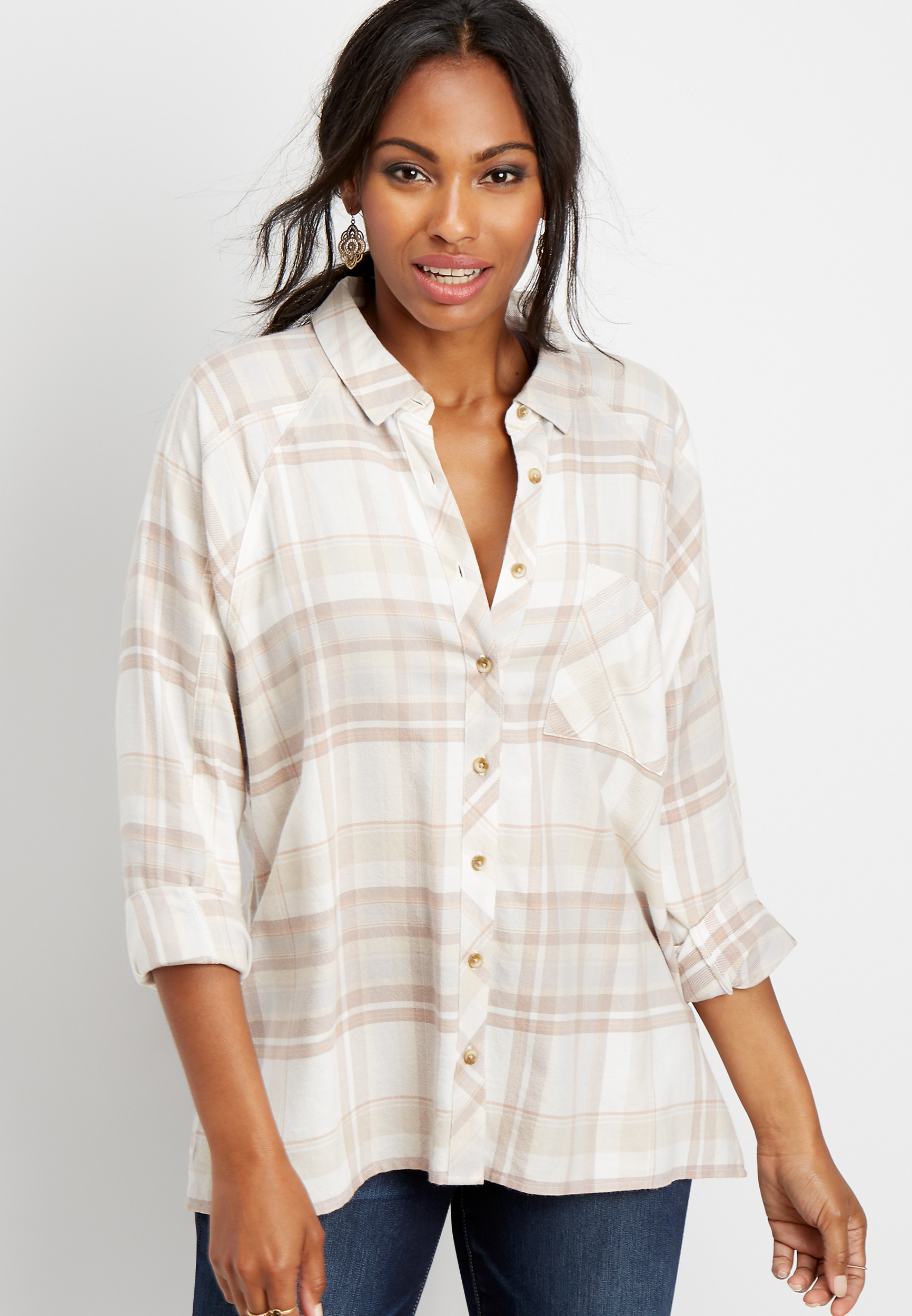 plaid oversized tunic button down shirt | maurices
