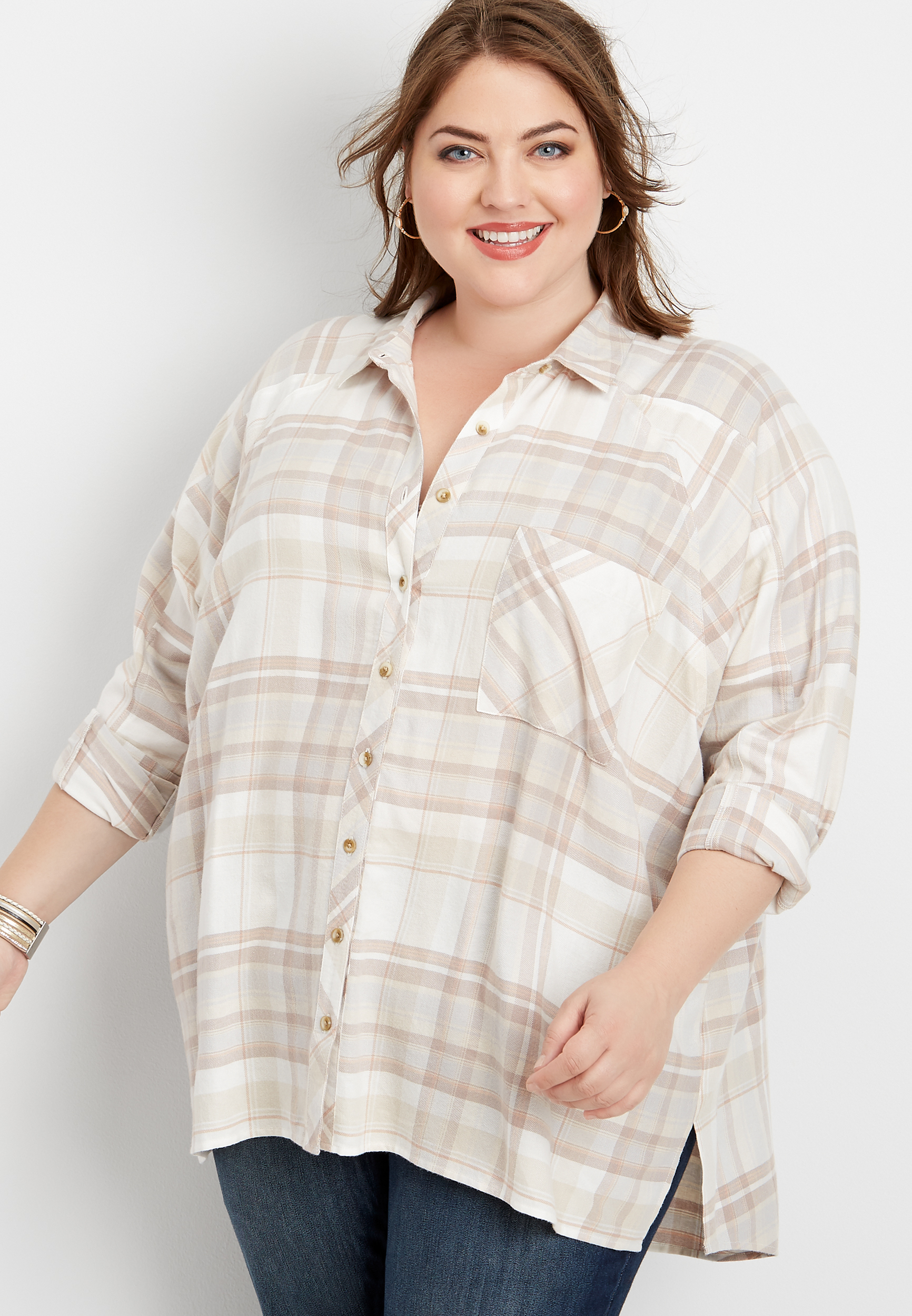 plus size plaid oversized tunic button down shirt | maurices