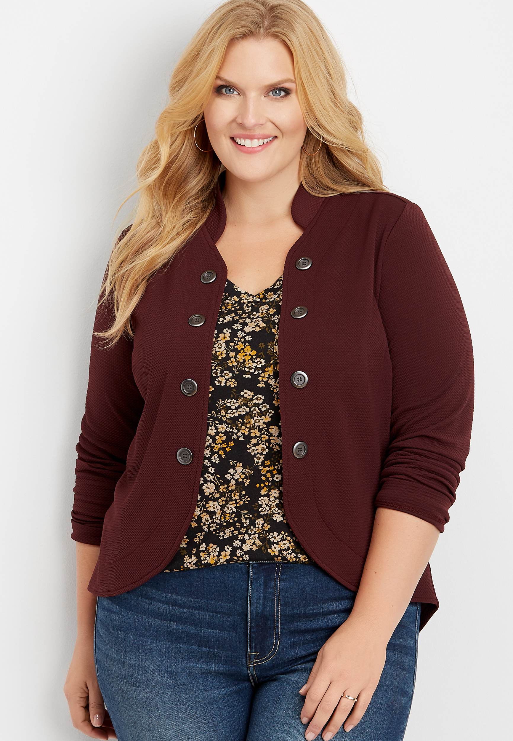 plus size high low open front military blazer | maurices