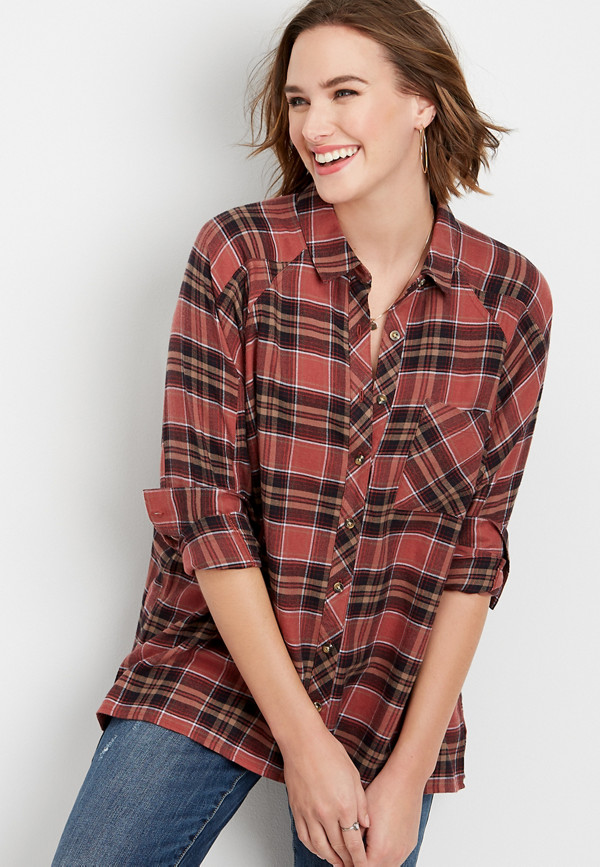 plaid oversized tunic button down shirt | maurices